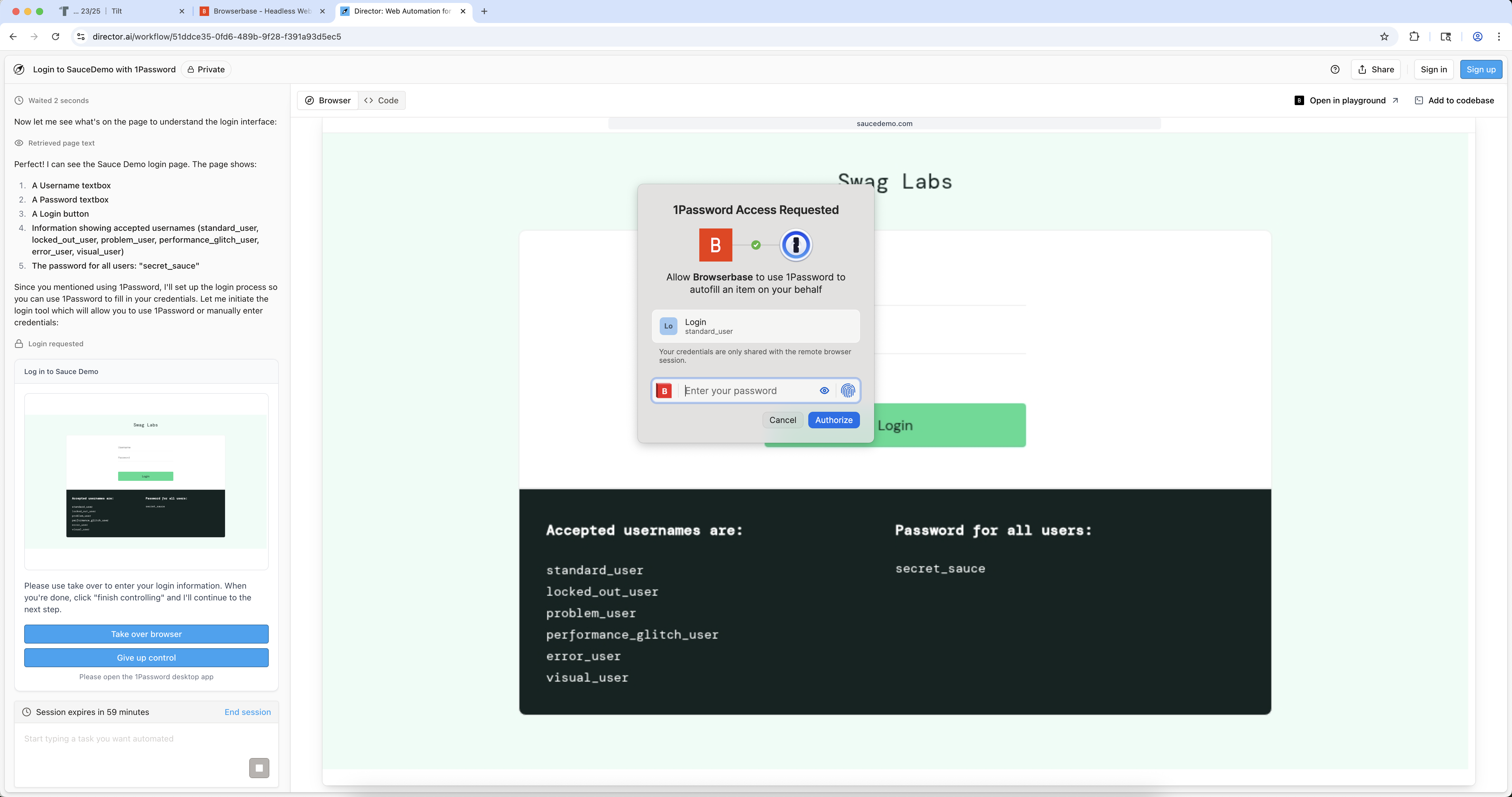 Successfully logged in with 1Password