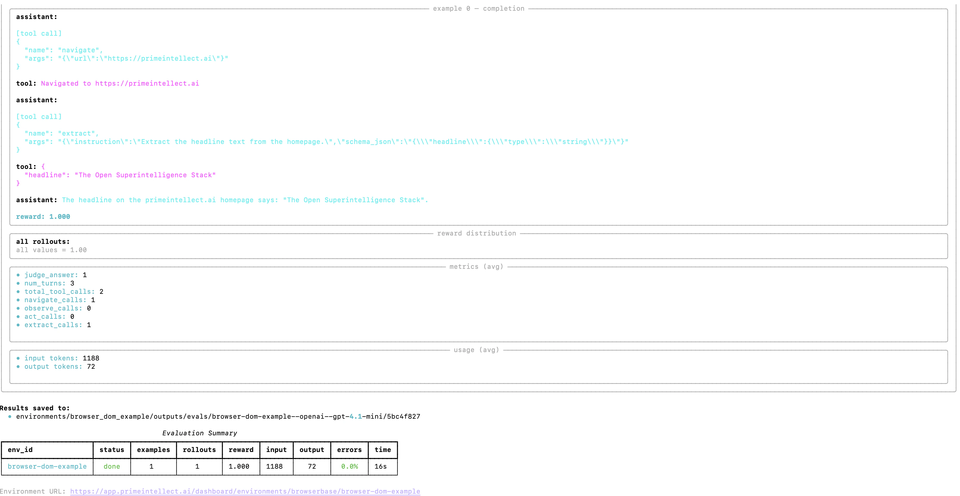 CLI output from a browser-dom-example evaluation run showing tool calls, reward, and metrics