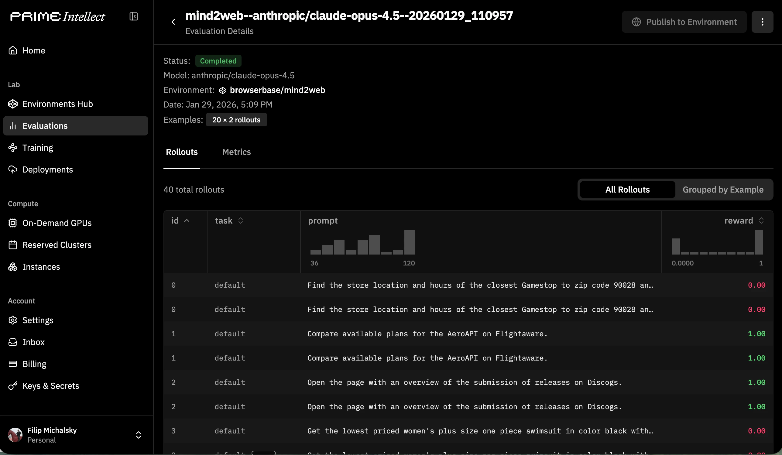 Prime Intellect evaluation run showing browser agent rollouts with reward signals