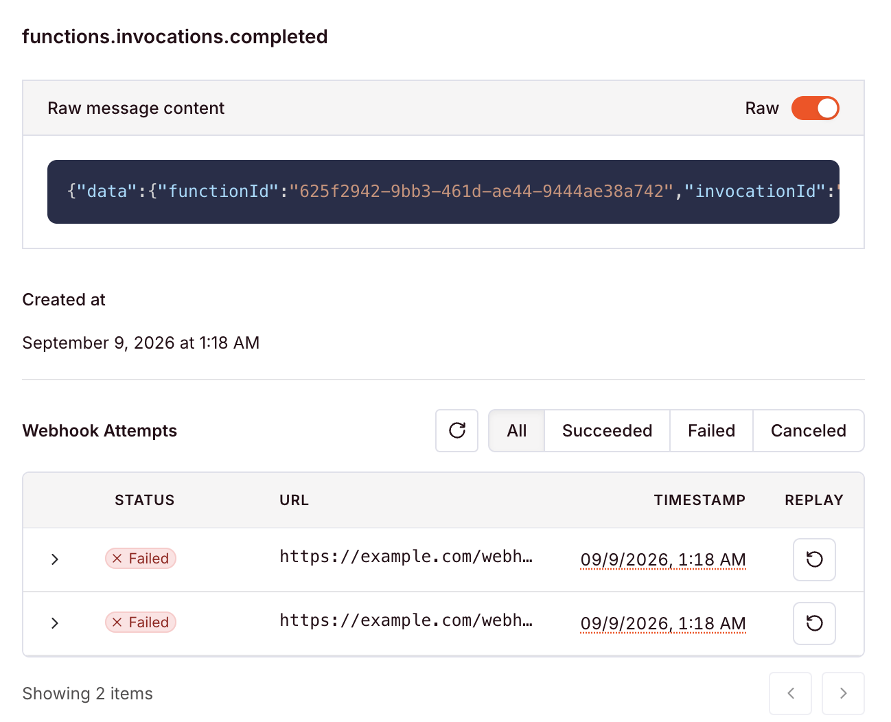 A single webhook delivery showing its raw payload and two failed attempts against the endpoint