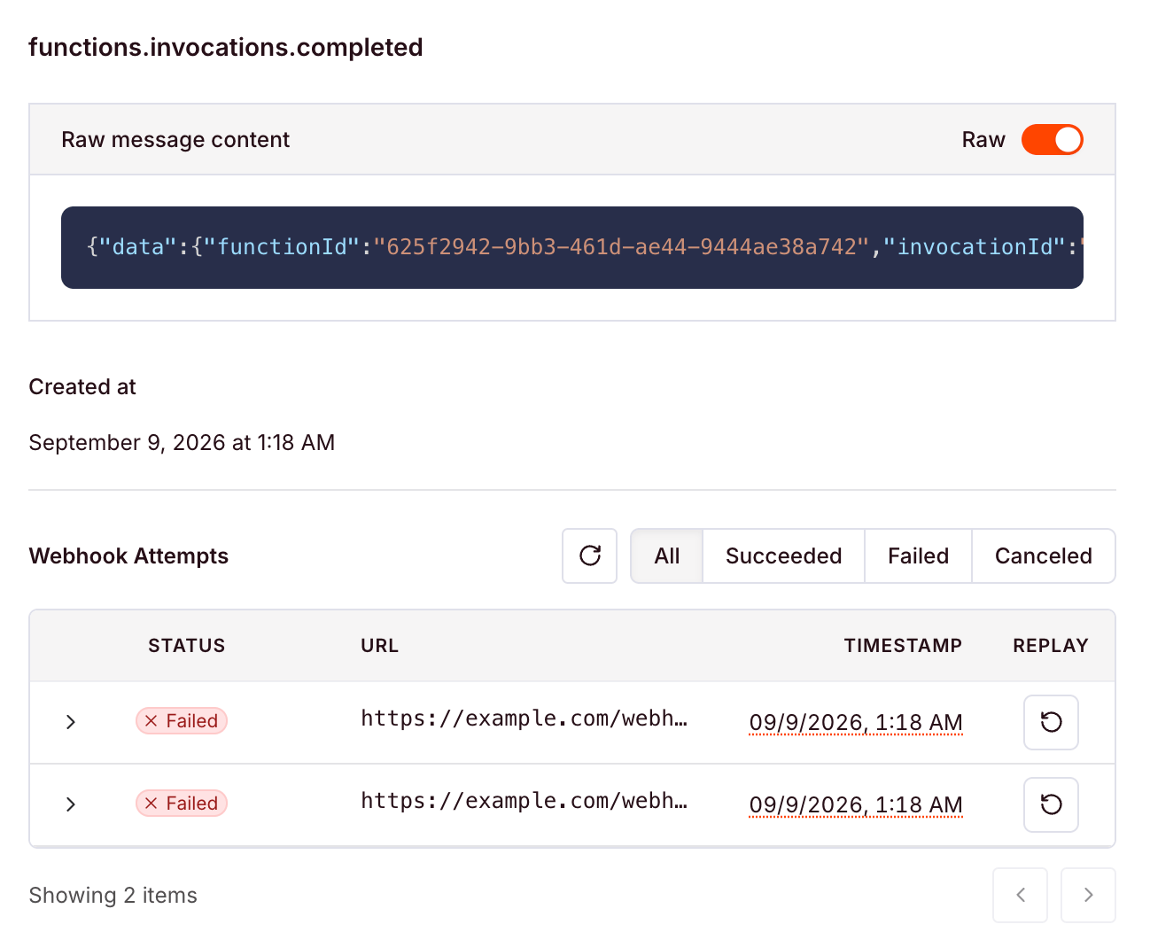A single webhook delivery showing its raw payload and two failed attempts against the endpoint