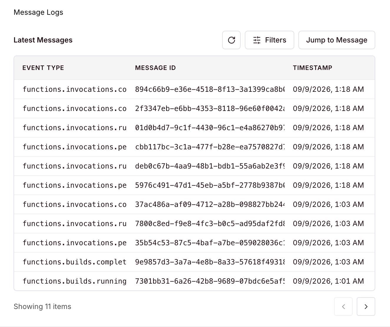Message logs listing recent webhook deliveries with their event type, message ID, and timestamp