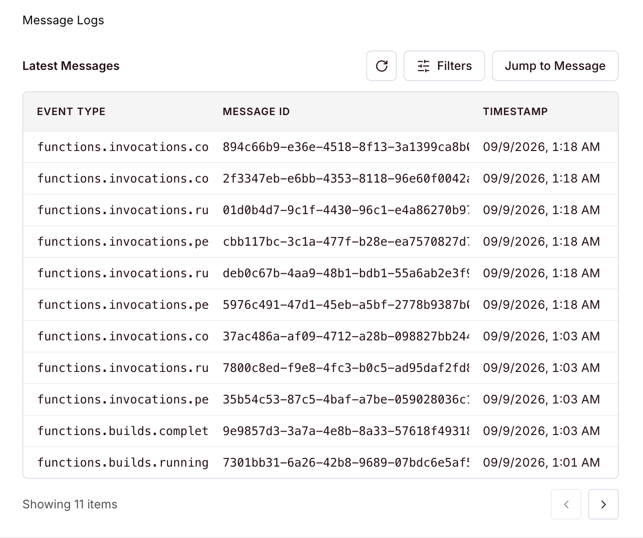 Message logs listing recent webhook deliveries with their event type, message ID, and timestamp
