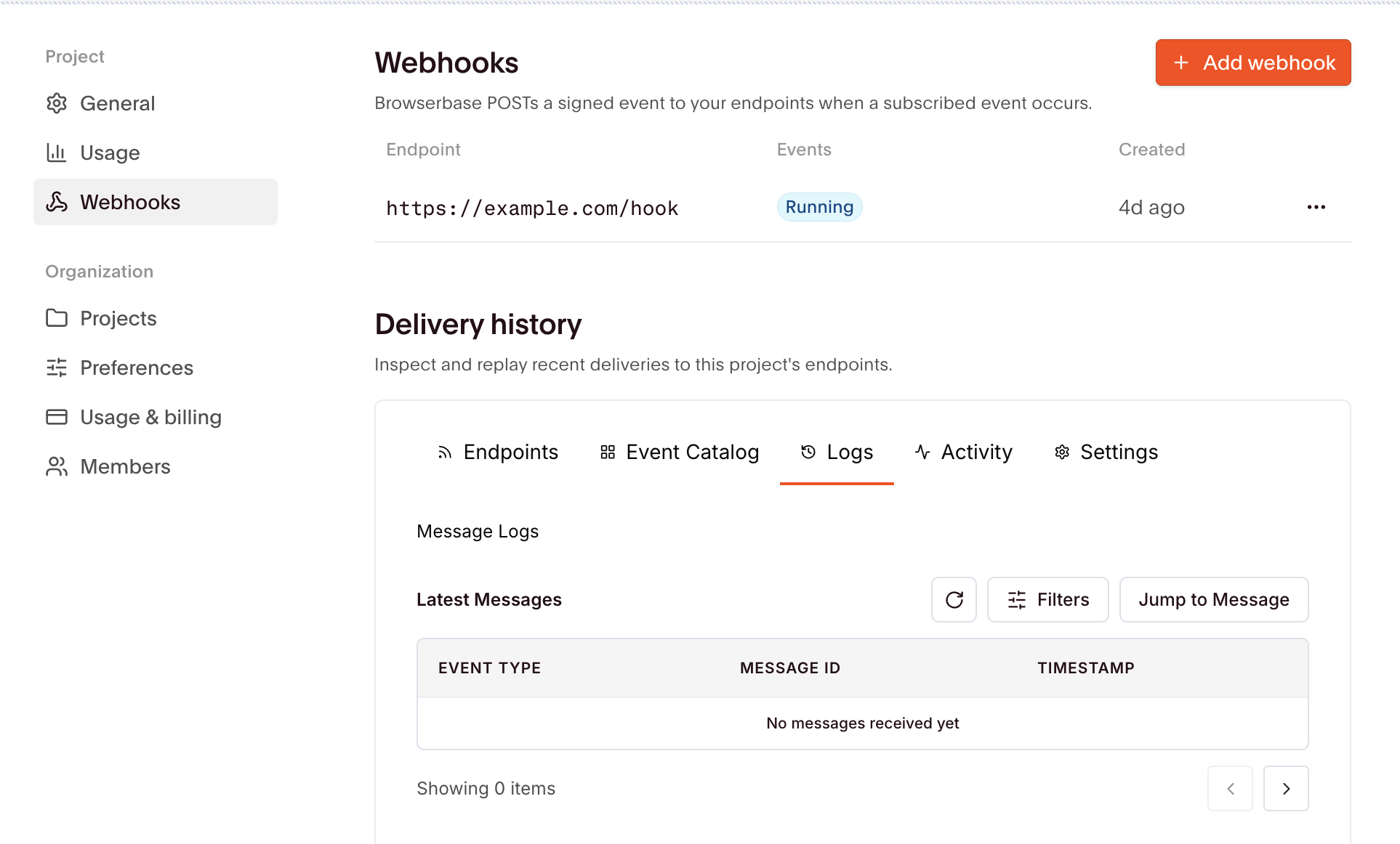 The Webhooks tab in project settings, listing an endpoint alongside its subscribed events and delivery history