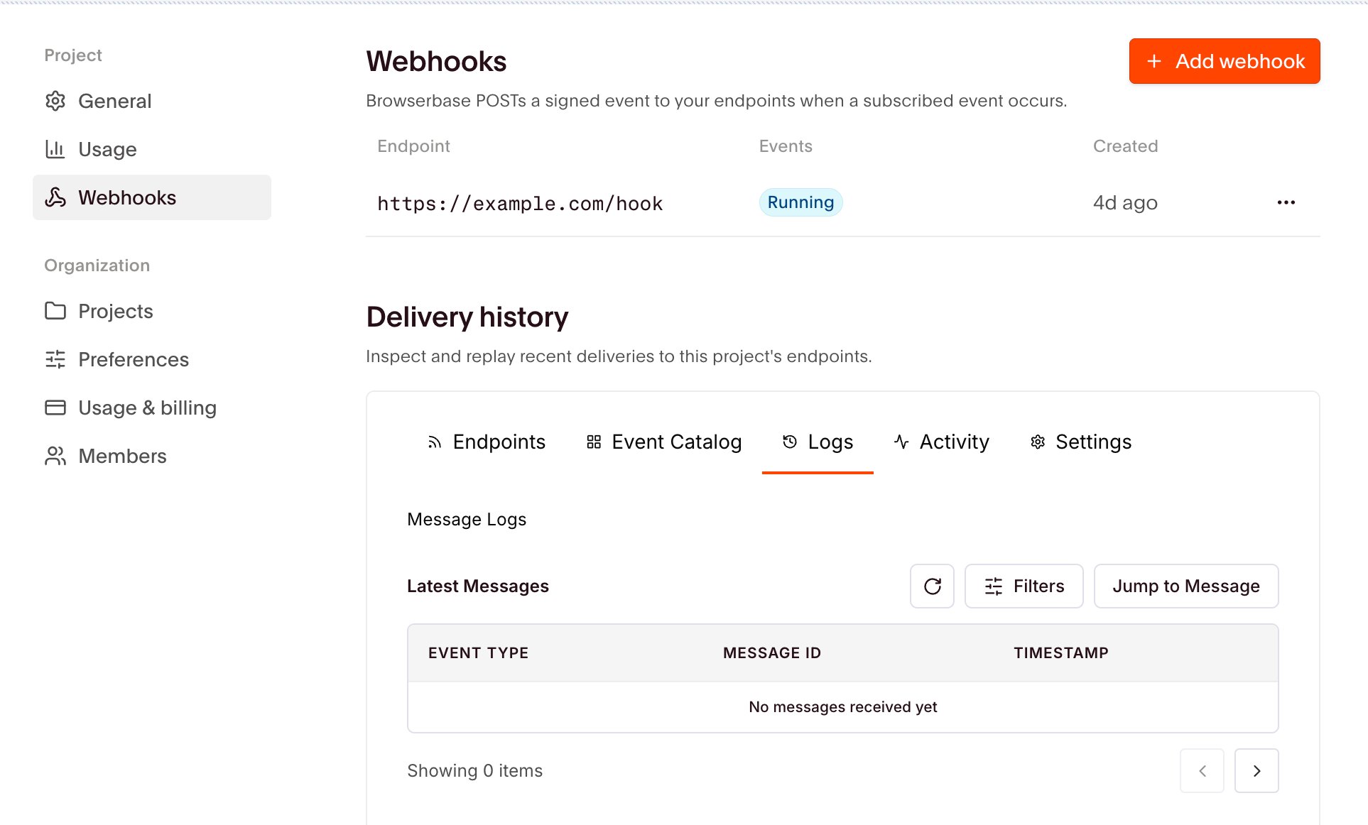 The Webhooks tab in project settings, listing an endpoint alongside its subscribed events and delivery history