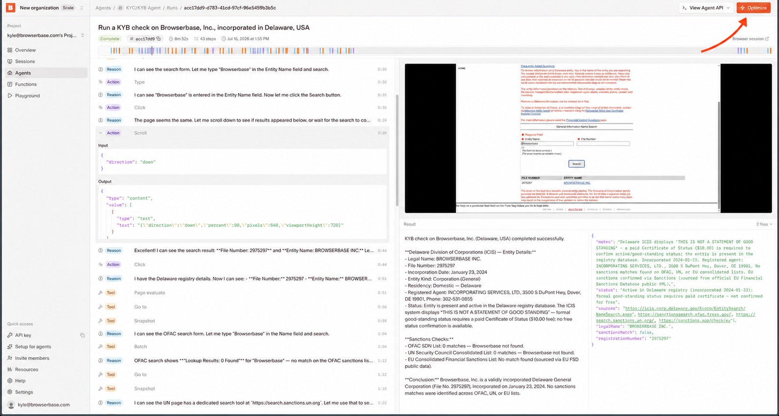 Completed Agent run with an arrow pointing to the Optimize button
