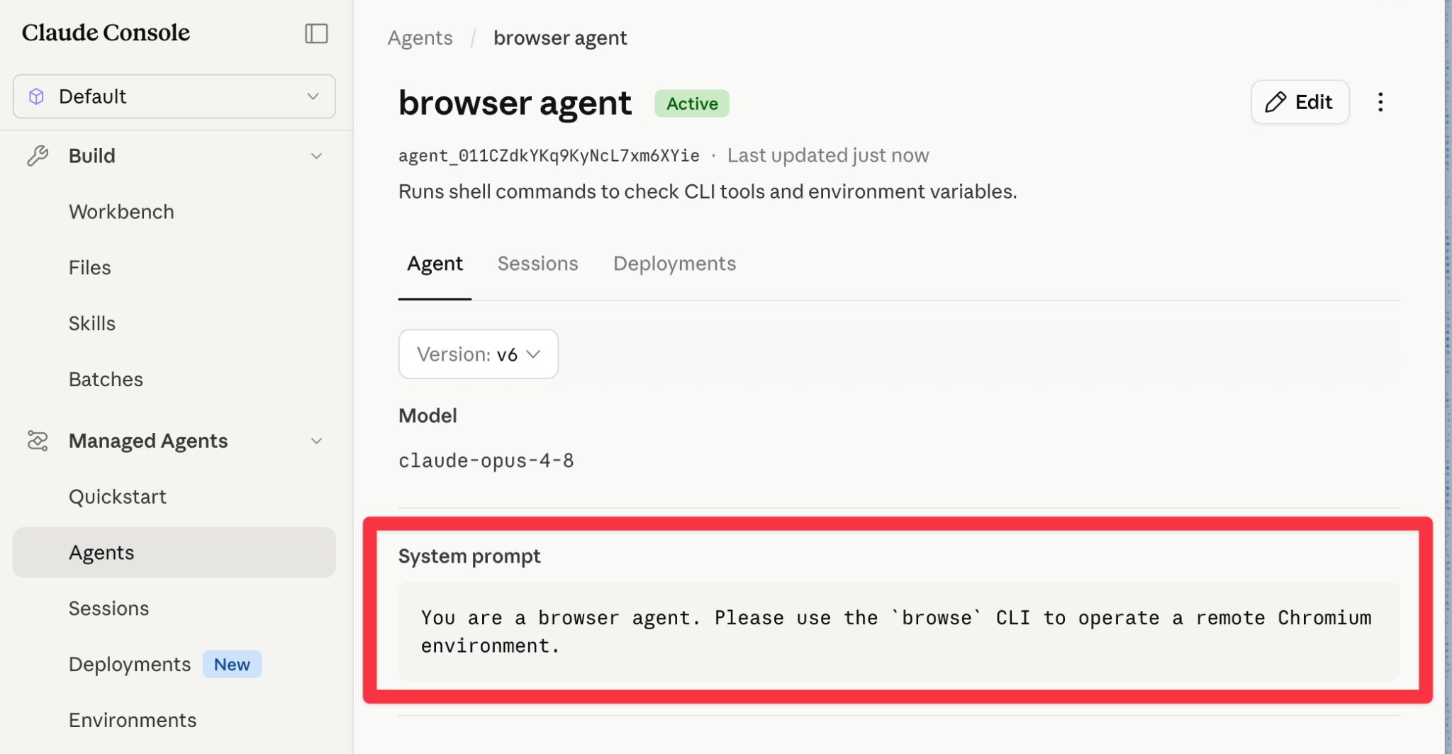 Anthropic Managed Agent configuration showing a browser agent system prompt
