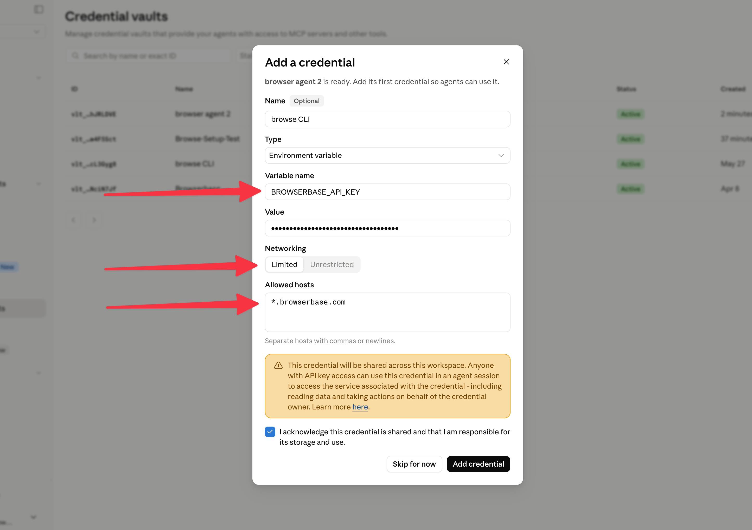 Anthropic credential vault configured with BROWSERBASE_API_KEY and limited networking for Browserbase
