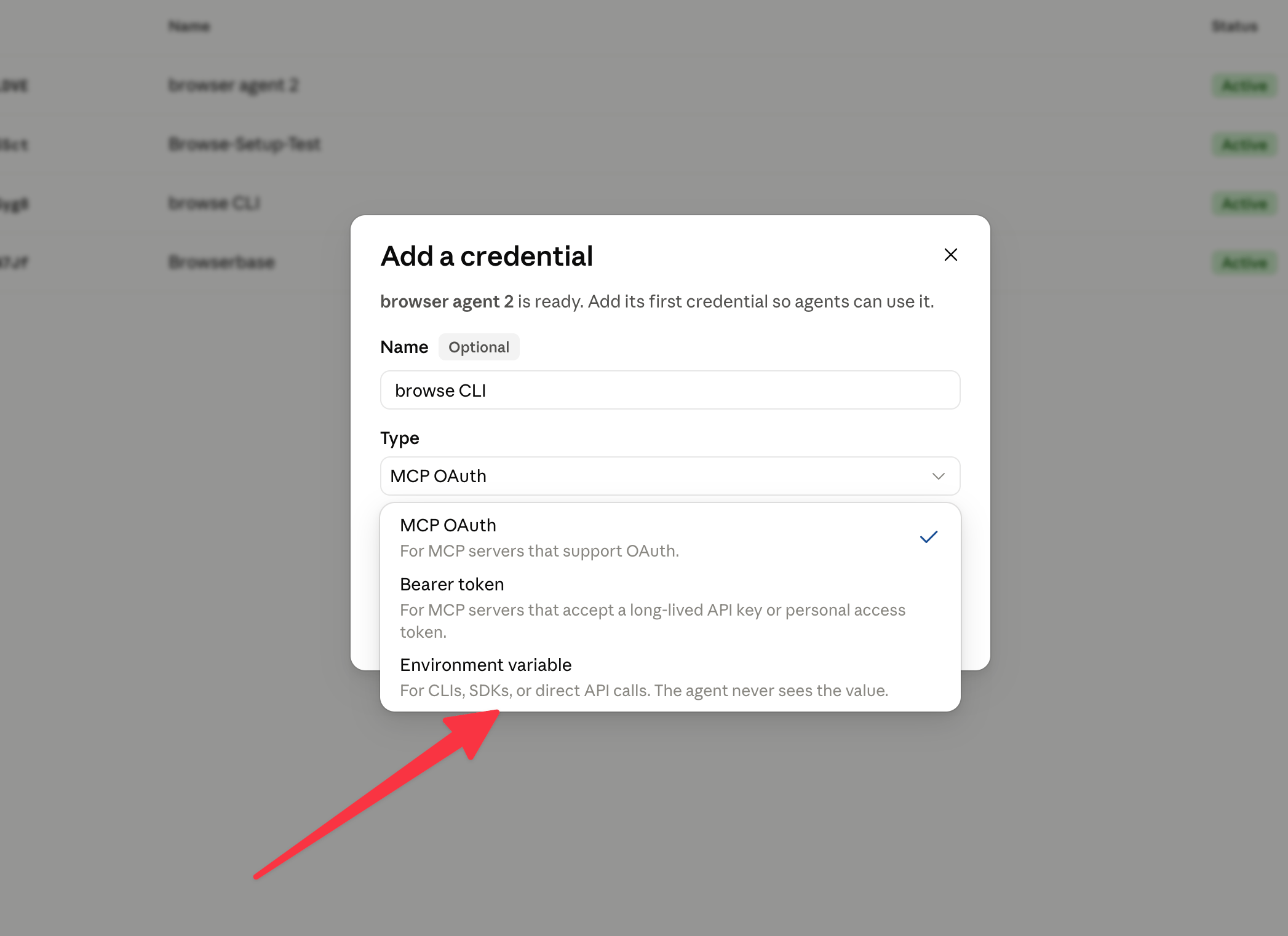 Anthropic credential vault type selection showing Environment variable