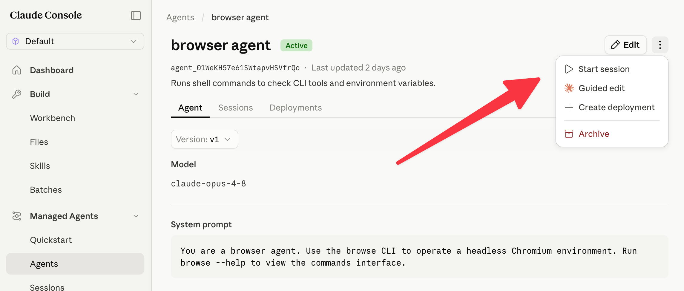 Anthropic Console agent page with the Start session menu item highlighted