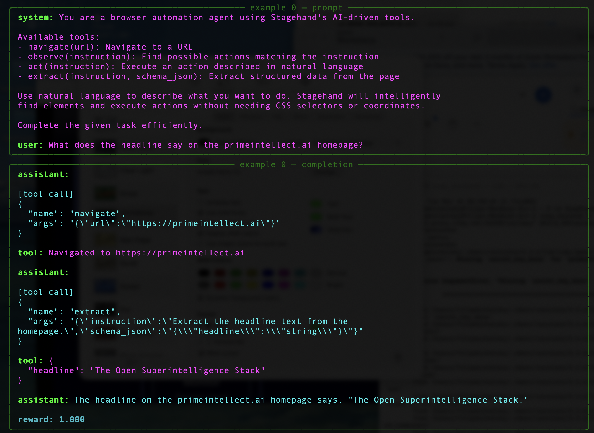 CLI output from a browser-dom-example evaluation run showing tool calls, reward, and metrics