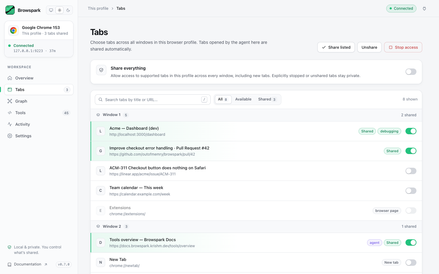 Tabs page, light theme