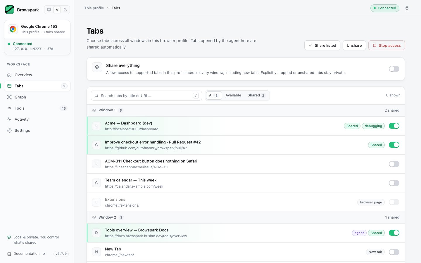 Tabs page, light theme