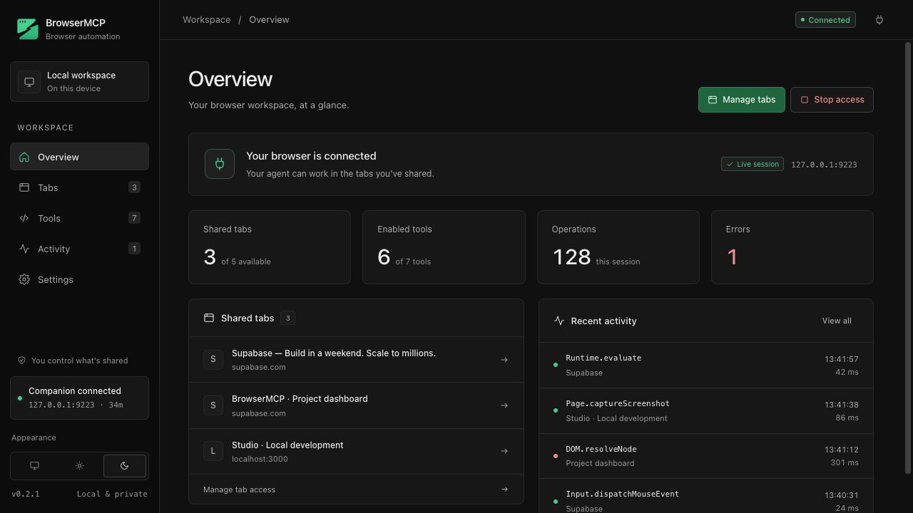 The Browspark dashboard, dark theme