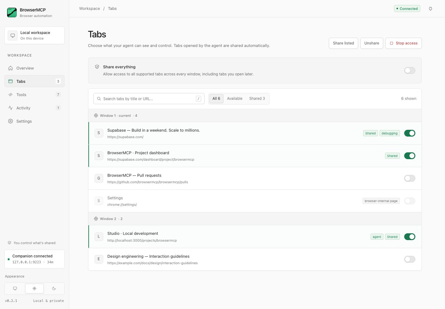 Tabs page, light theme