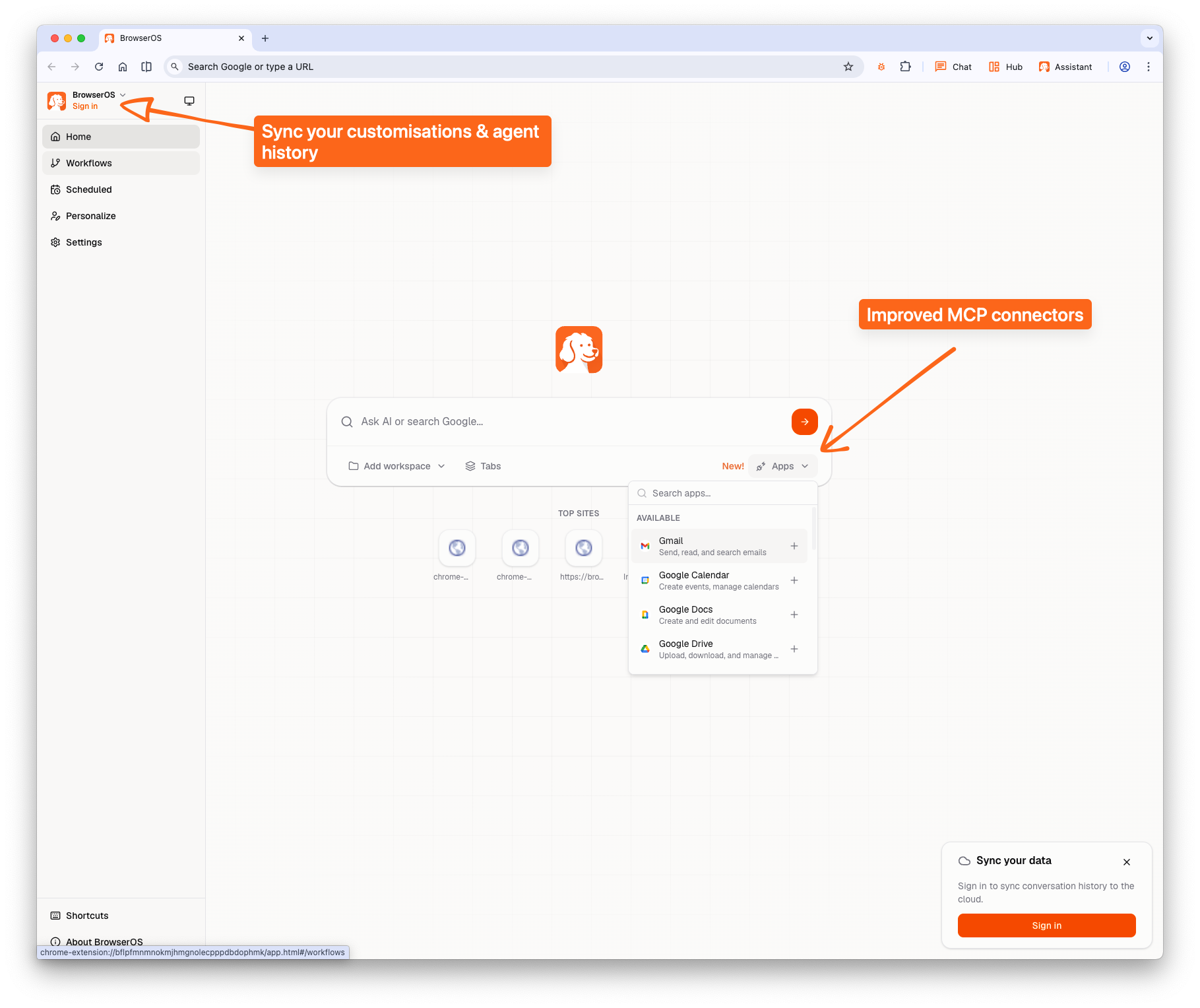BrowserOS v0.39.0 featuring Sync and improved MCP connectors