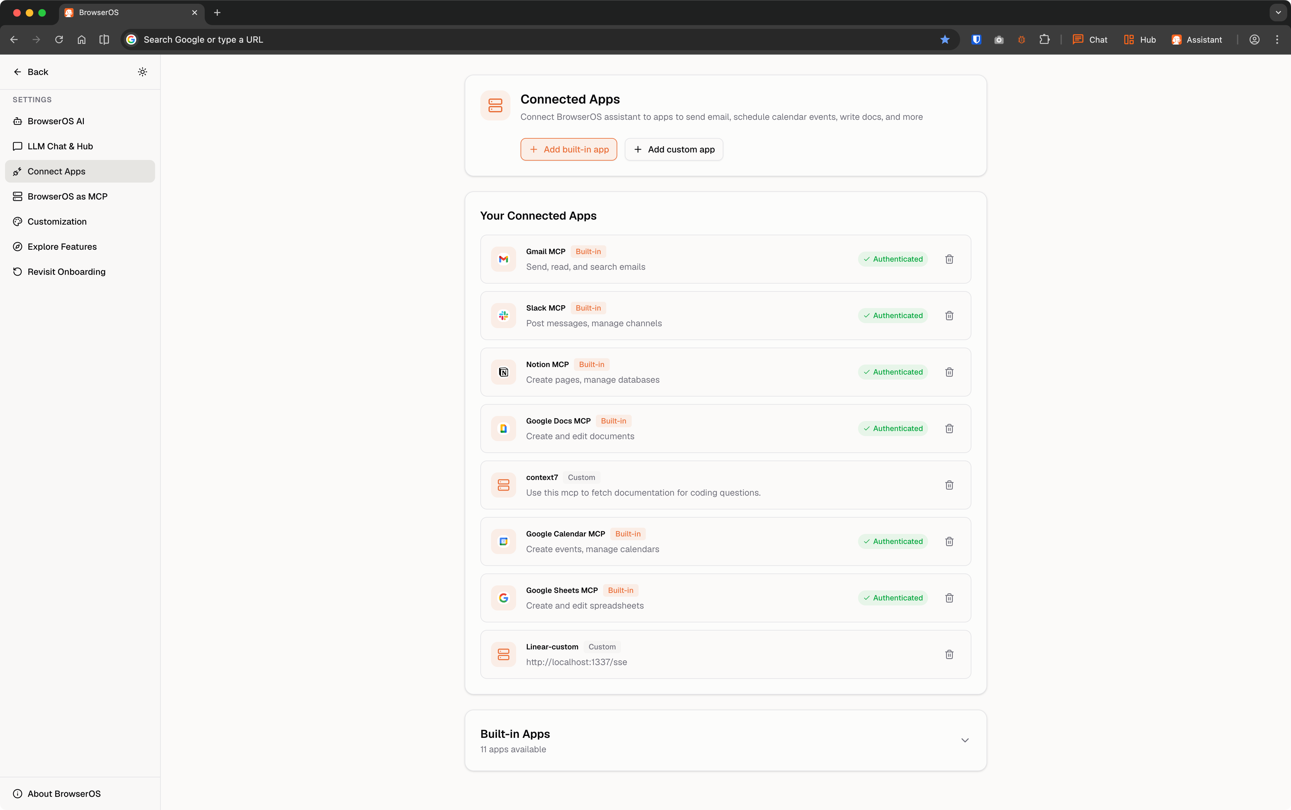 Connected Apps settings page