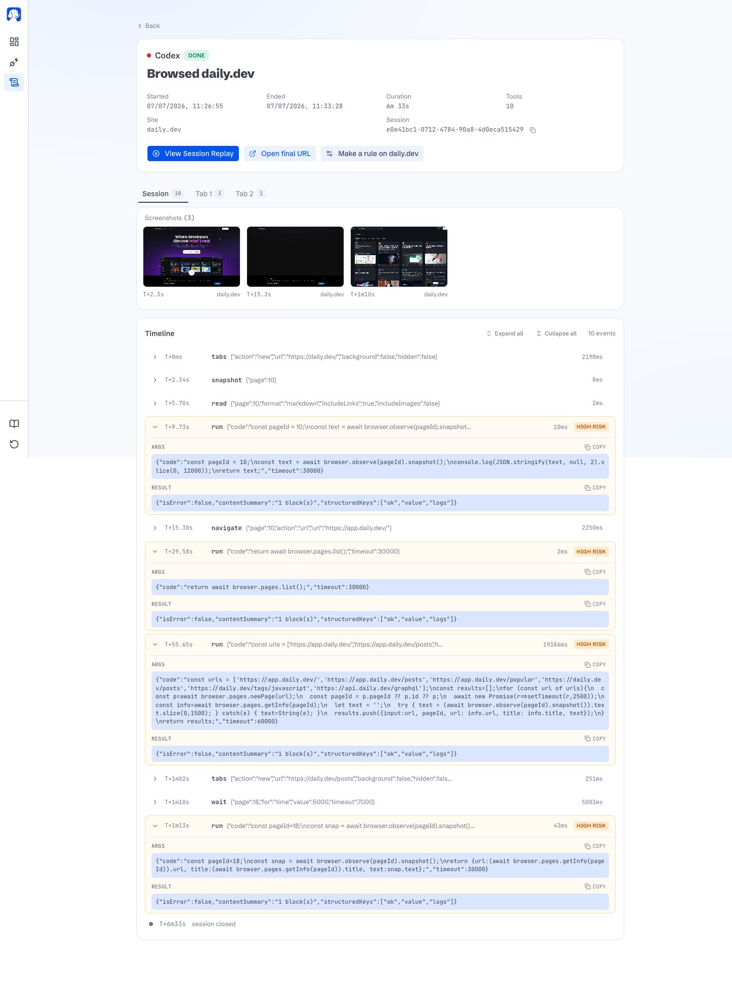 BrowserClaw task detail page showing a header with the agent name, status, and started time, followed by a tab strip listing every page the agent used. Below, a timeline of tool calls with arguments, results, and screenshots for each step.