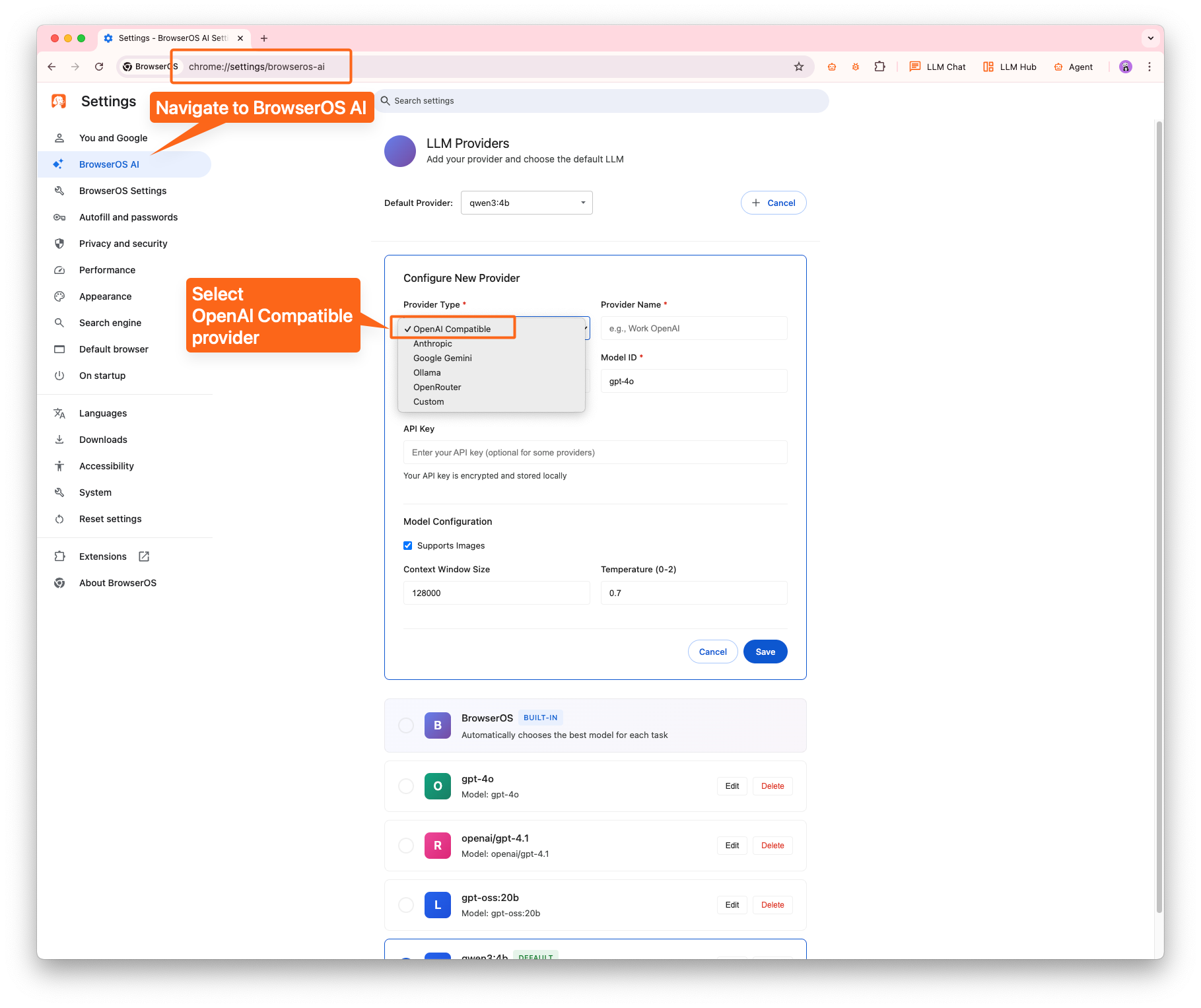 Configure in BrowserOS