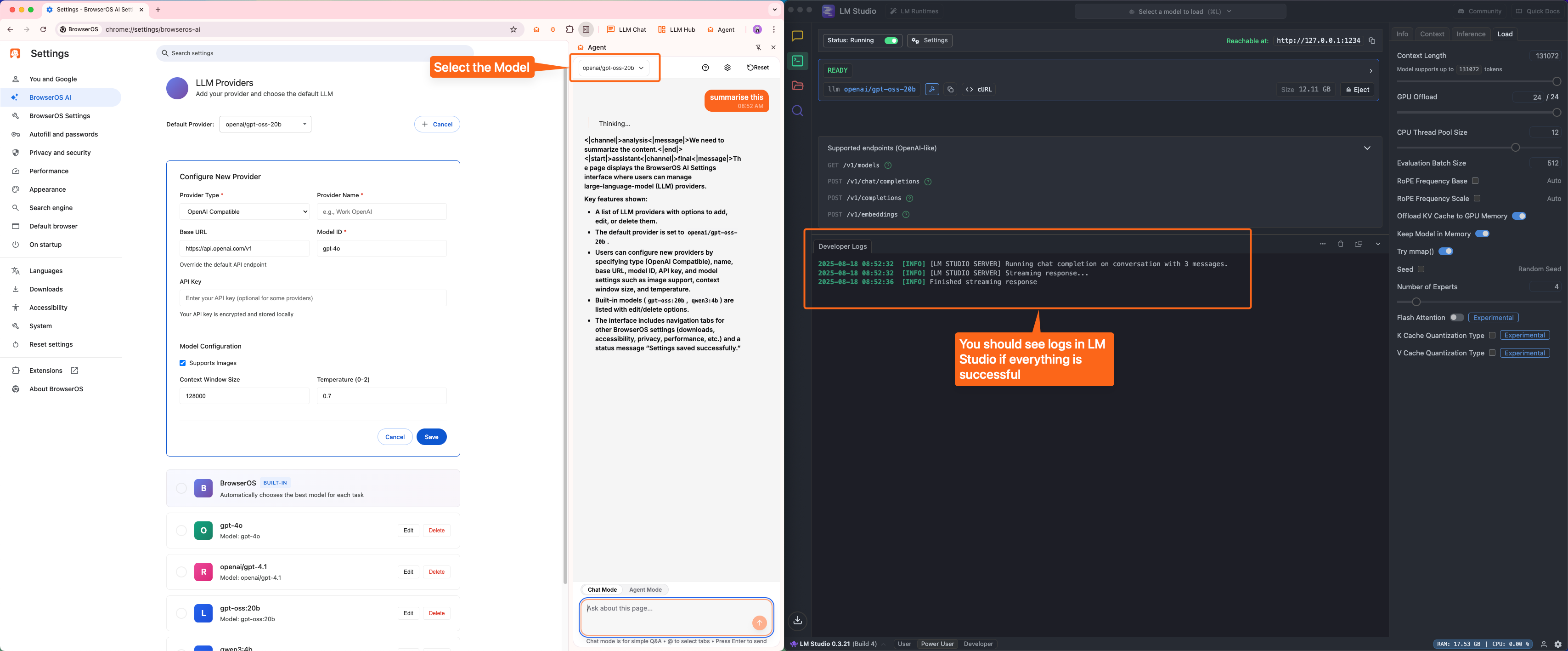 Use the model in BrowserOS