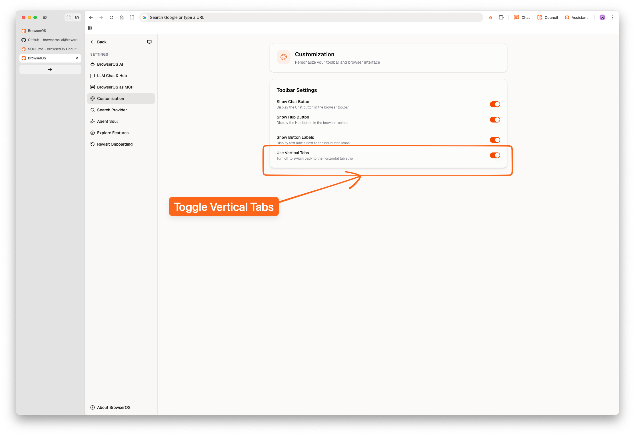 Vertical tabs toggle in BrowserOS Customization settings