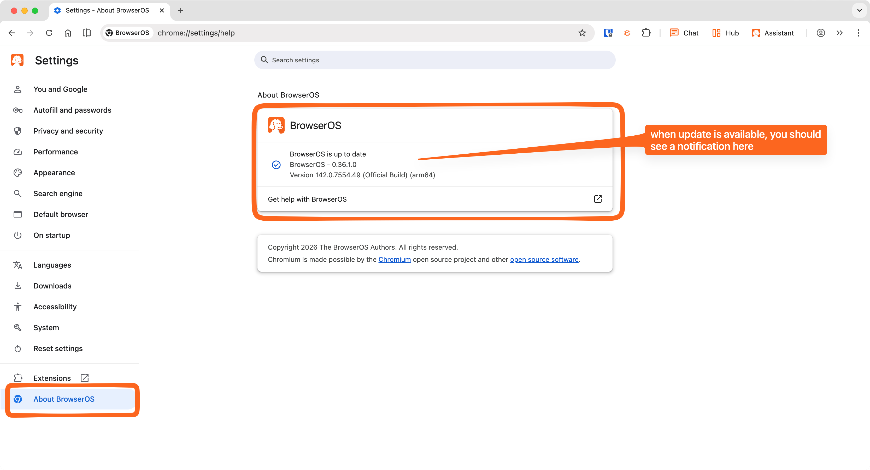 Settings page showing About BrowserOS section