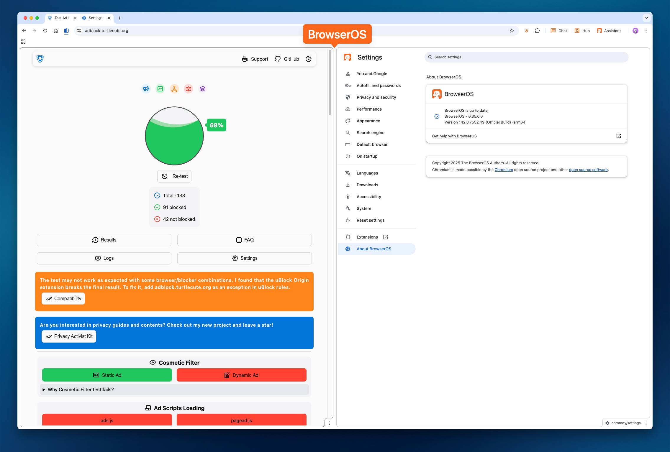 BrowserOS blocking 68% of ads