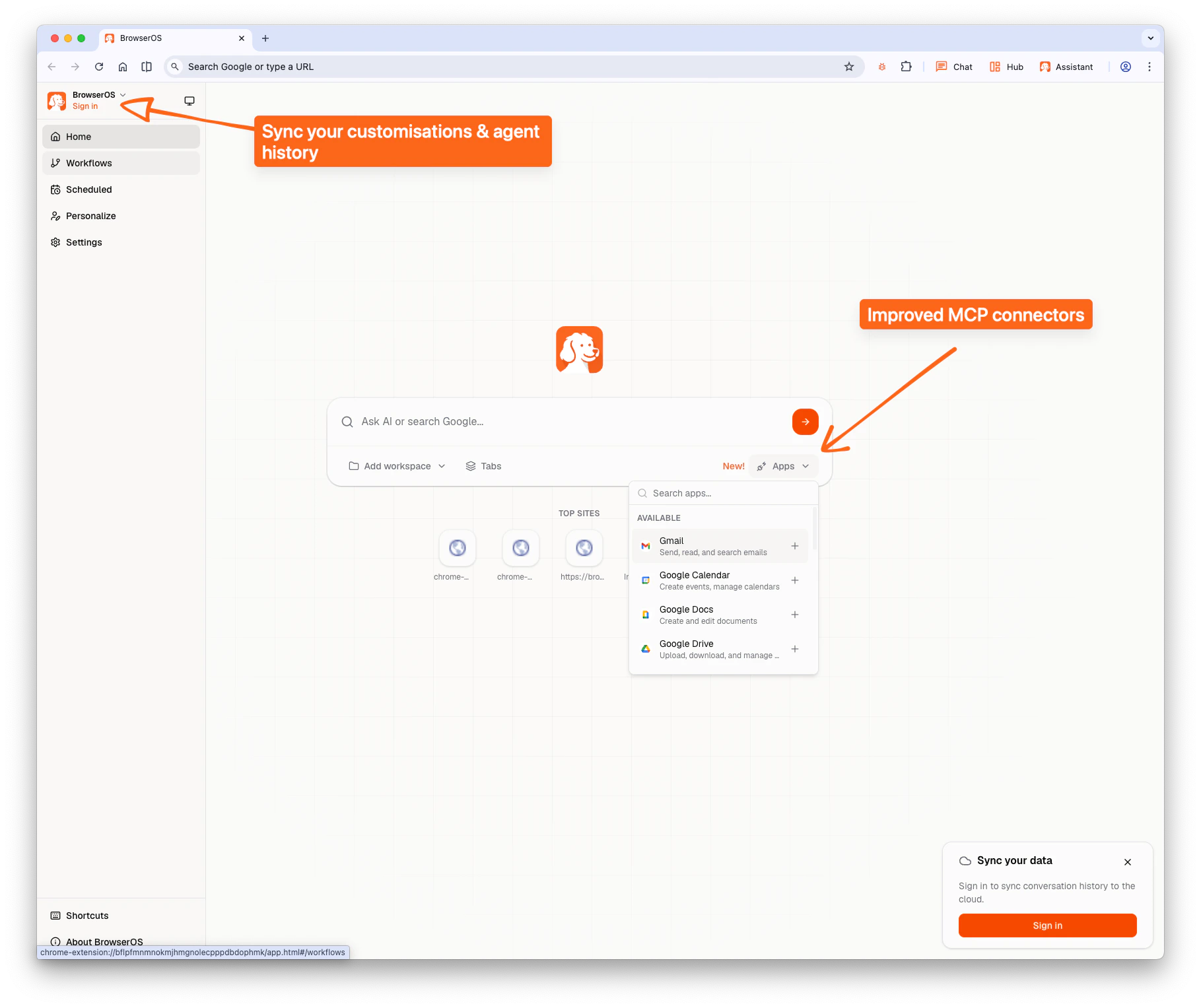 BrowserOS v0.39.0 featuring Sync and improved MCP connectors
