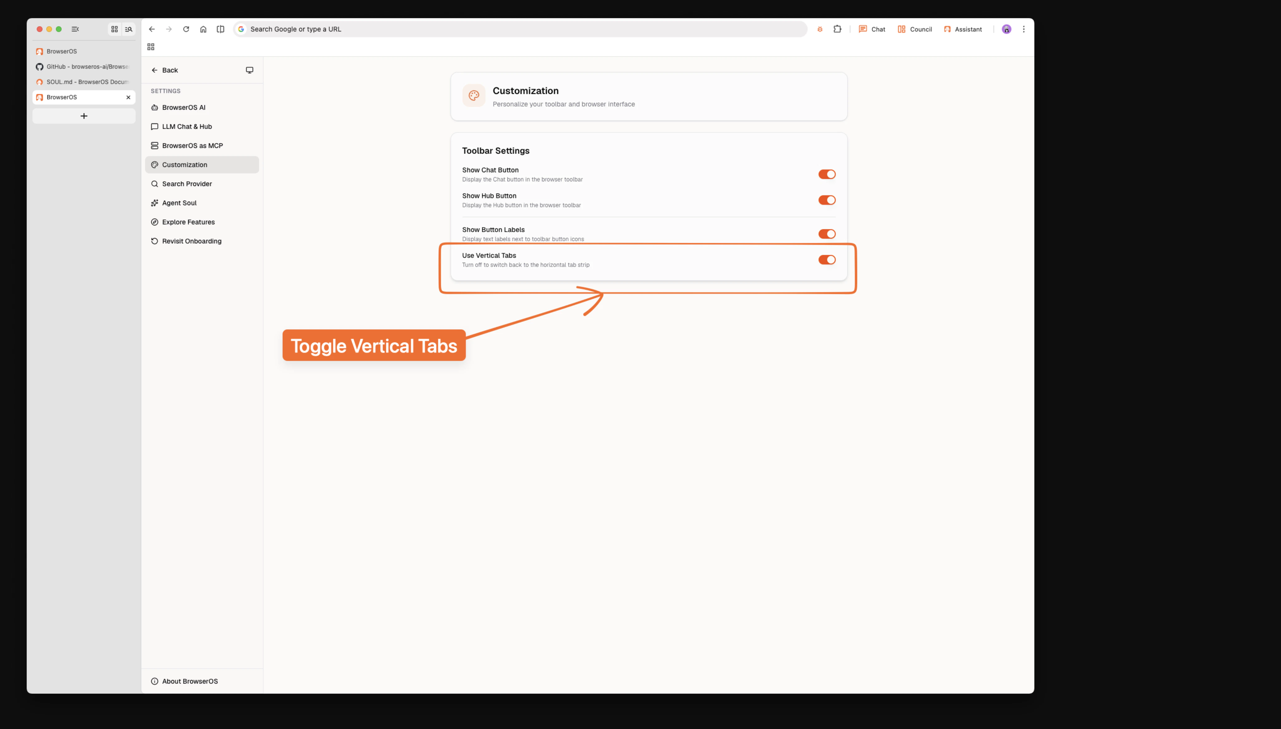 BrowserOS v0.42.0 vertical tabs toggle in settings