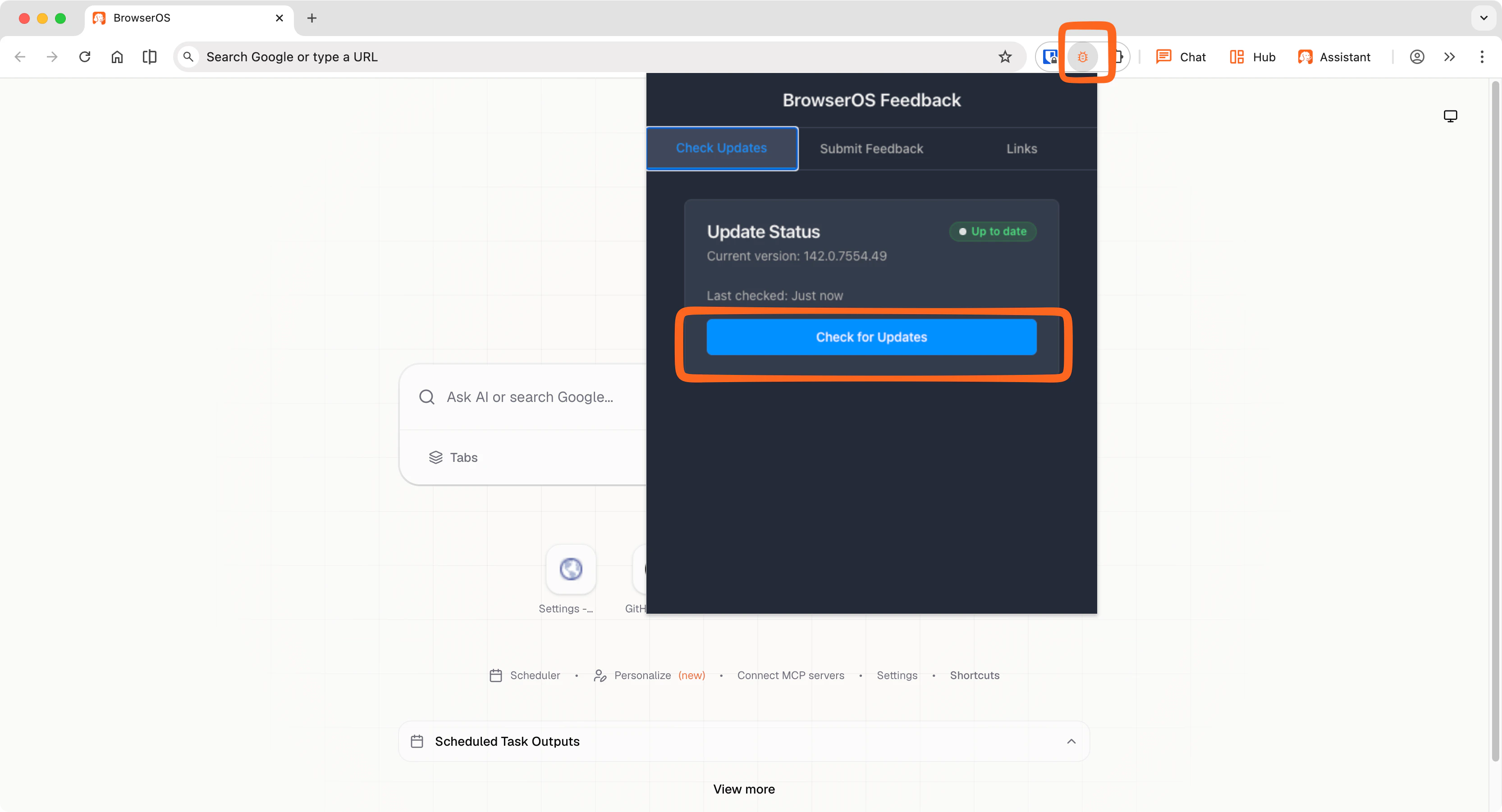 BrowserOS Feedback extension showing Check for Updates button
