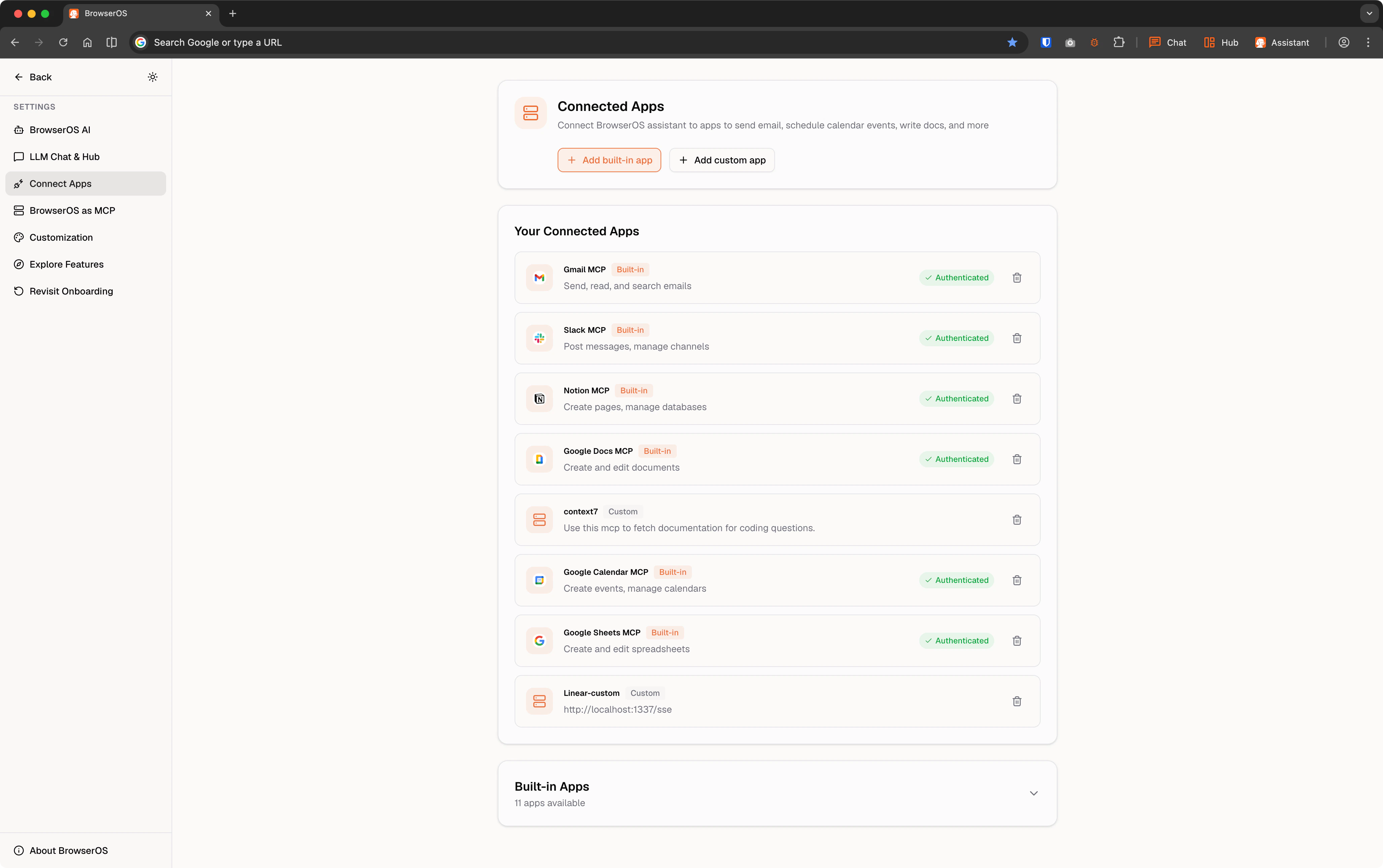 Connected Apps settings page