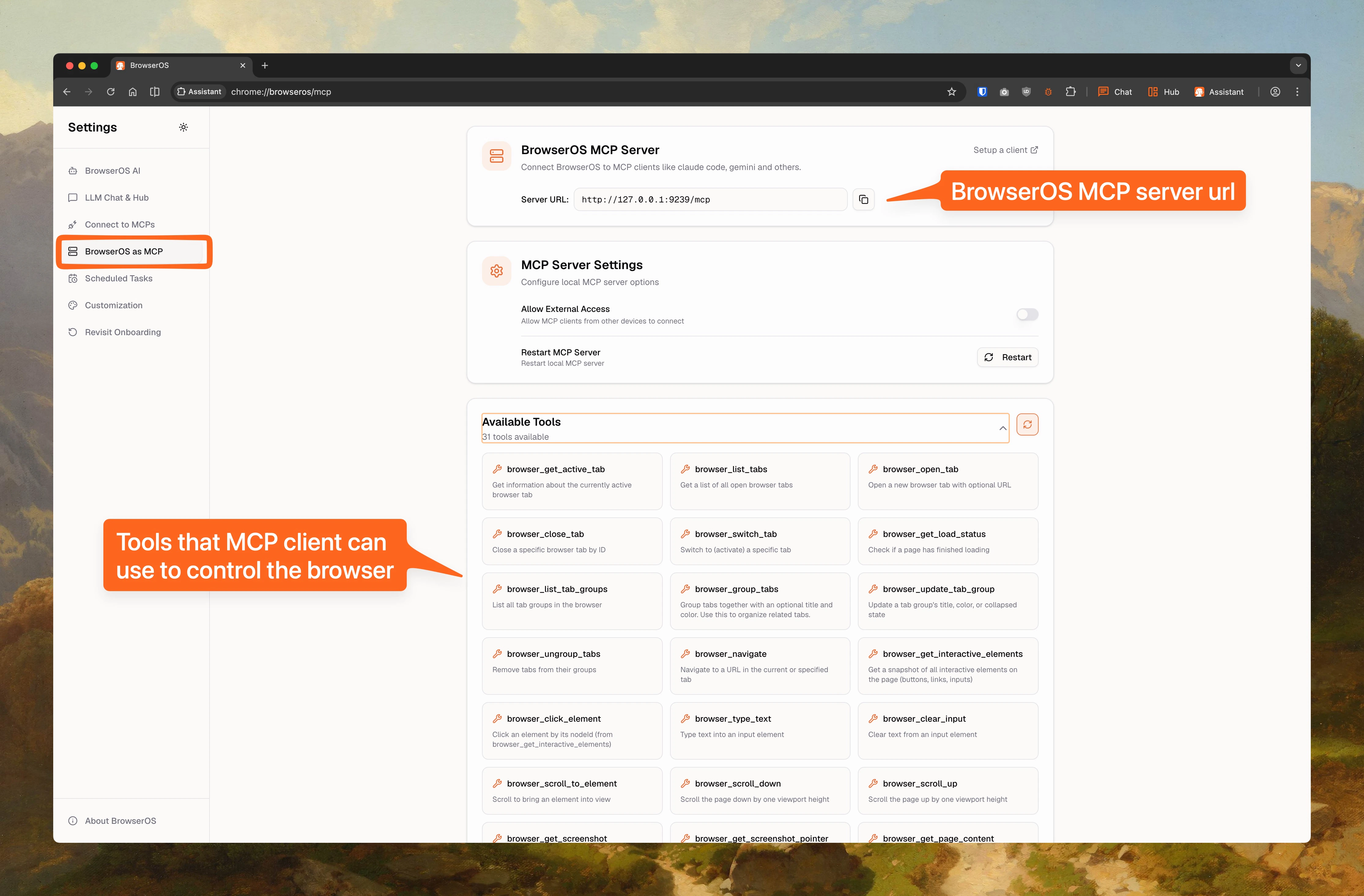 BrowserOS MCP settings page showing Server URL