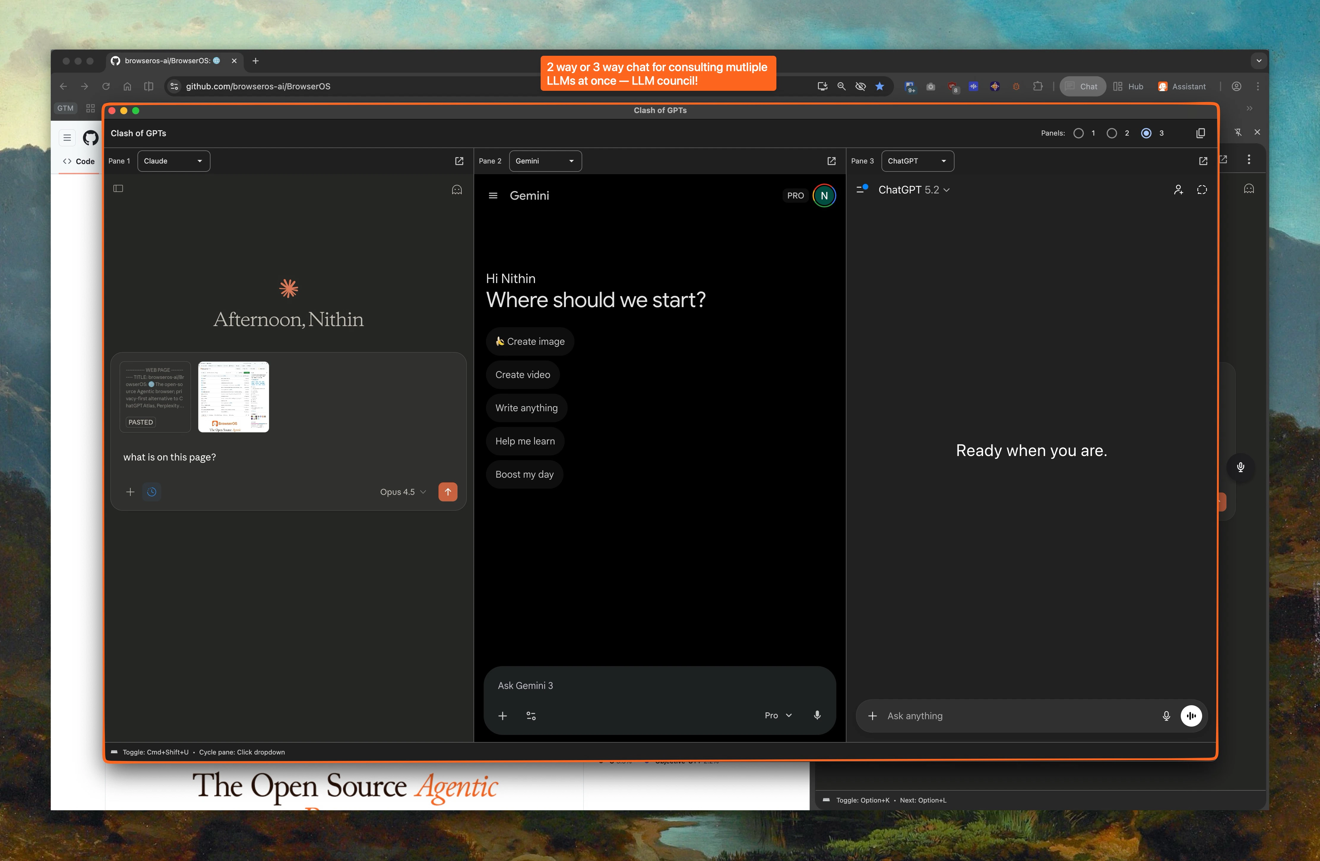 LLM Hub with three panes showing Claude, Gemini, and ChatGPT