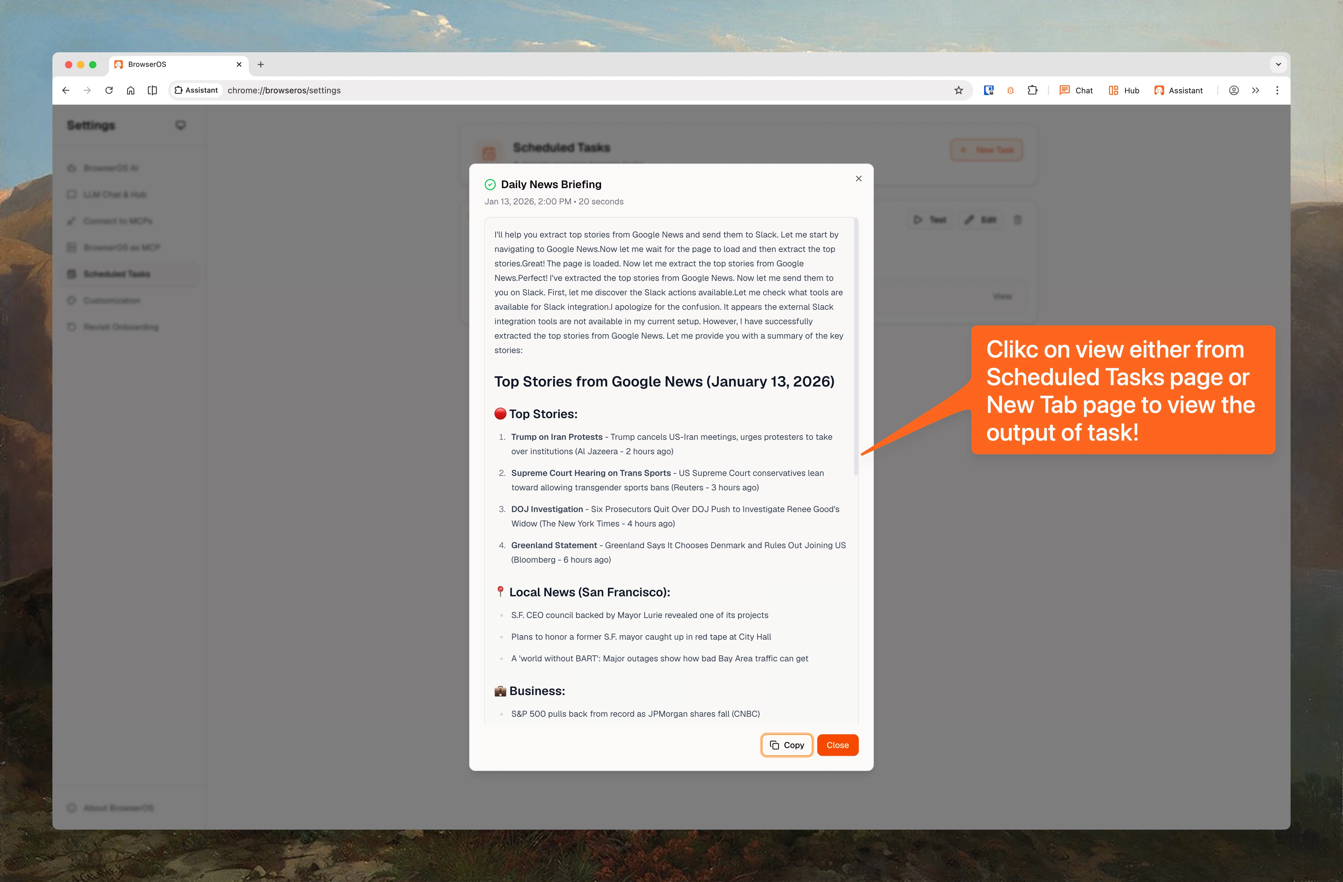 Scheduled task output showing a daily news briefing