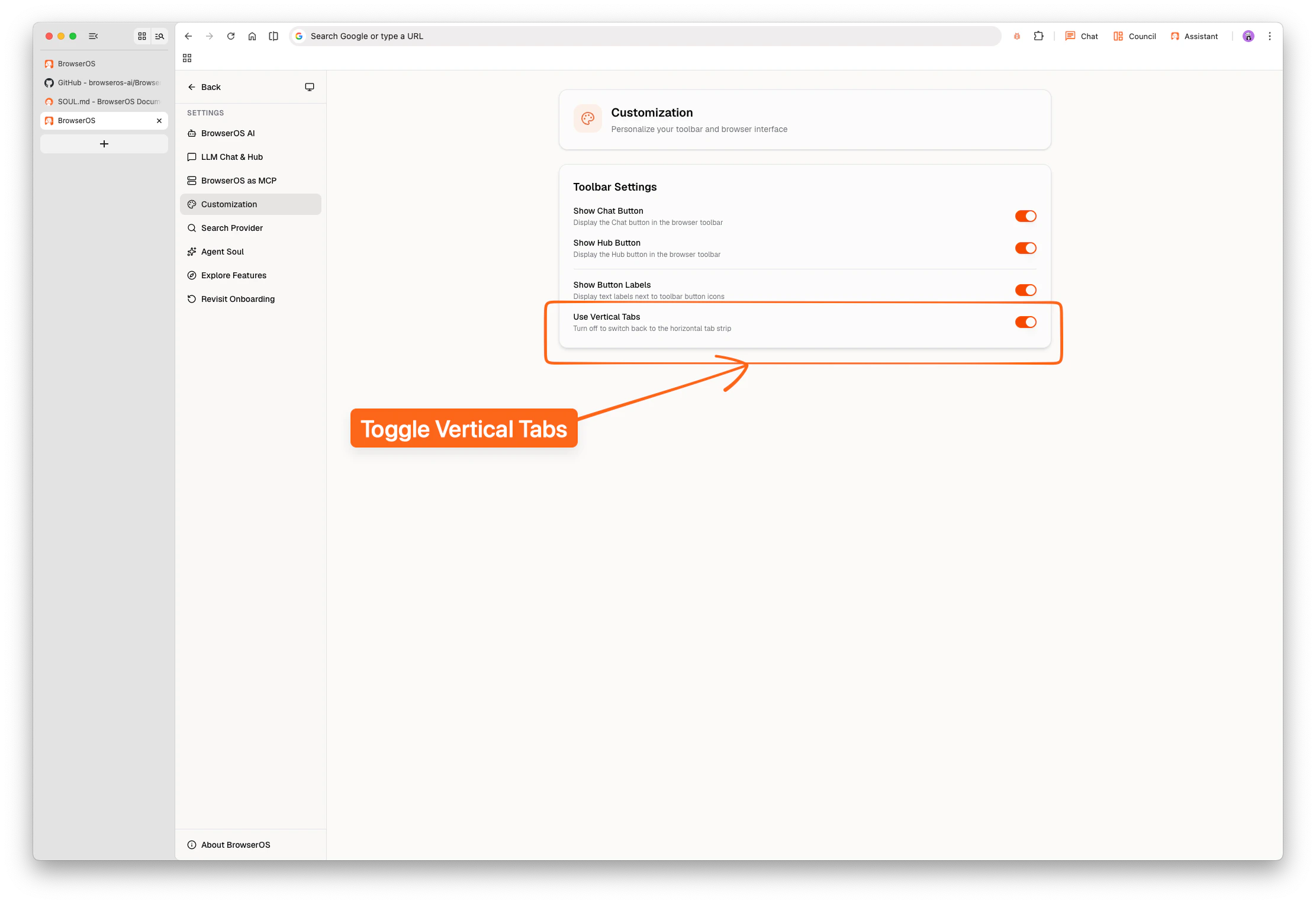 Vertical tabs toggle in BrowserOS Customization settings