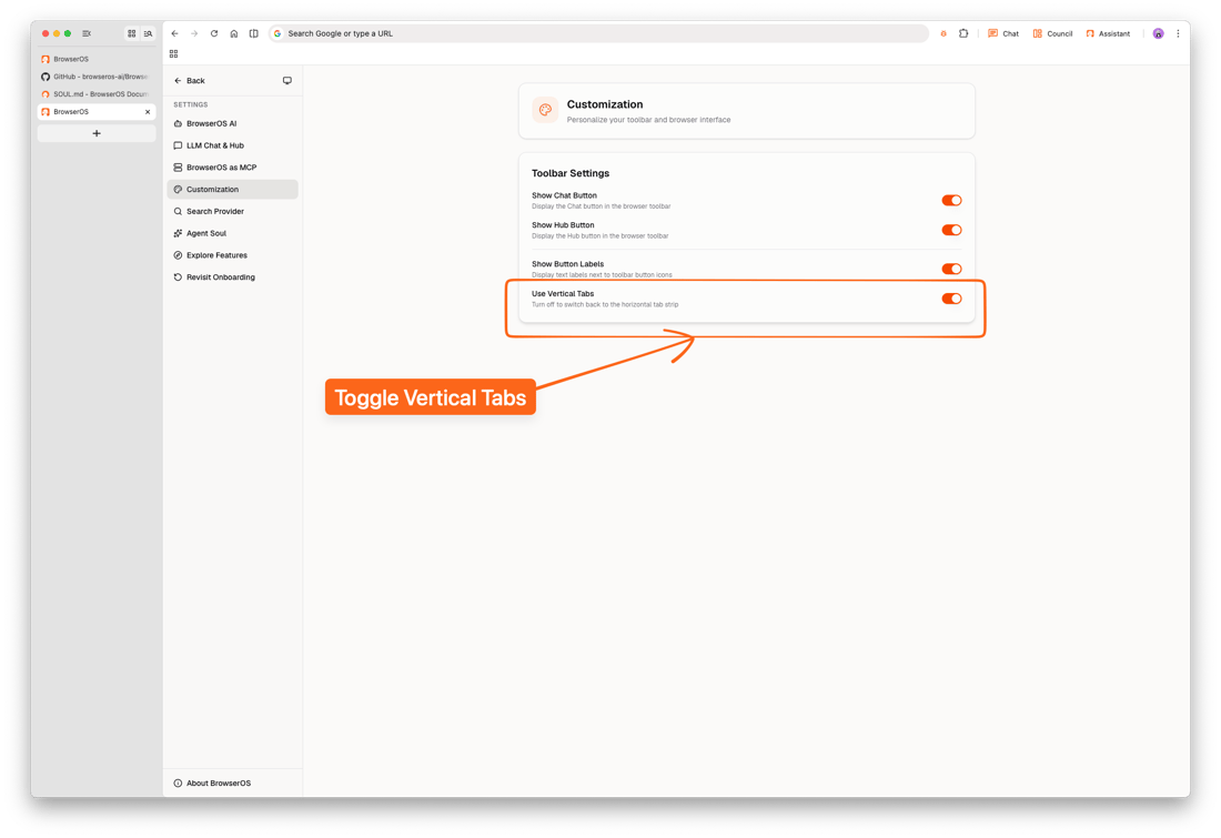Vertical Tabs - BrowserOS Documentation