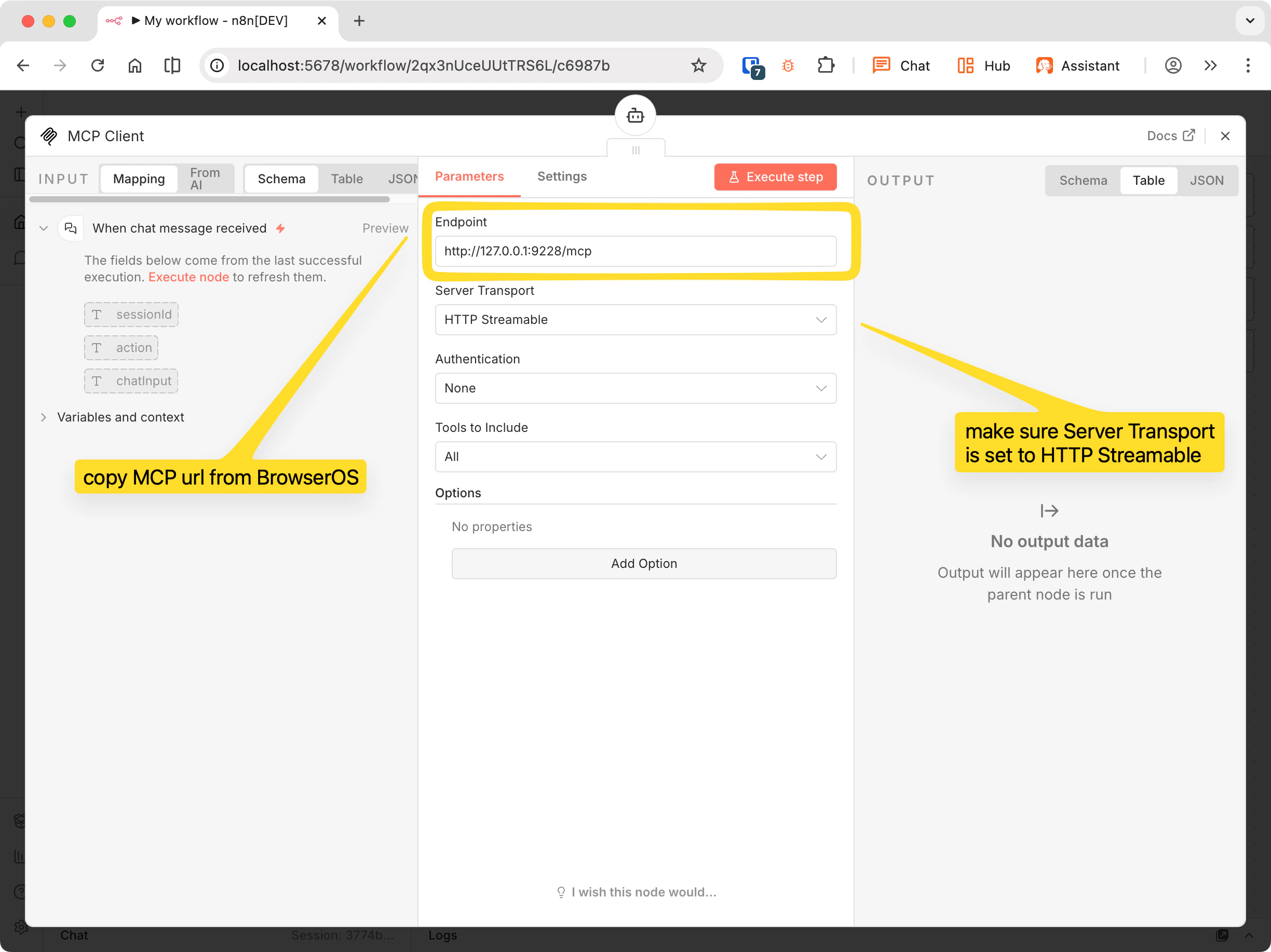 MCP Client configuration with BrowserOS URL