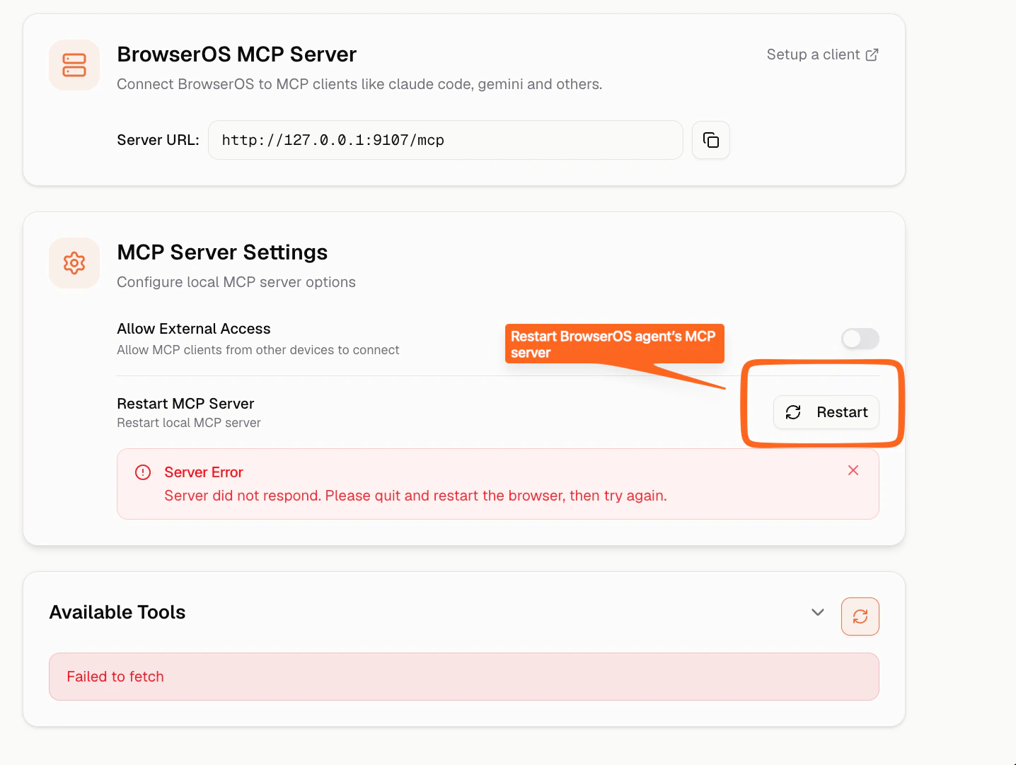 Click Restart in MCP Server Settings