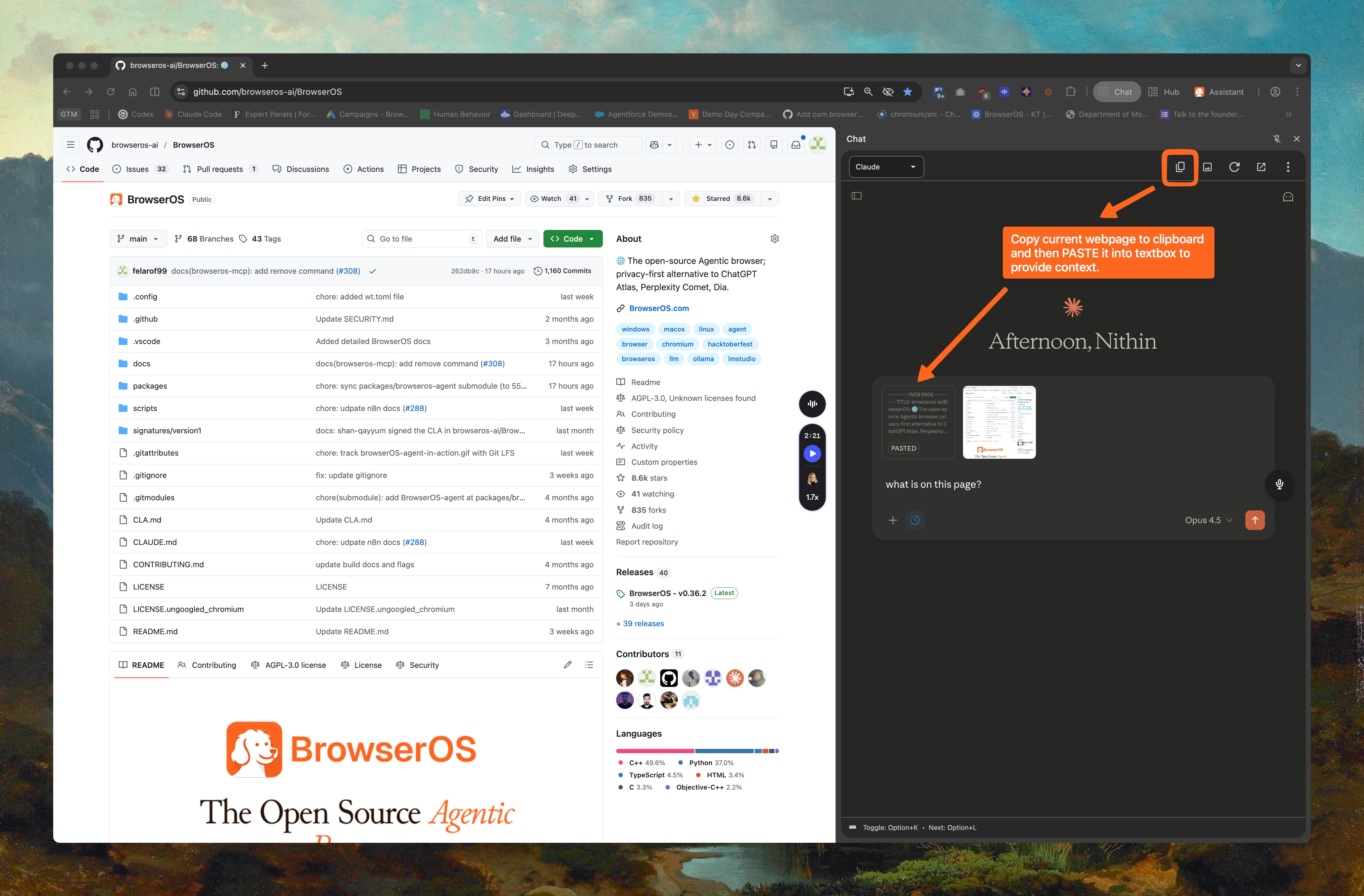 LLM Chat panel open on a webpage