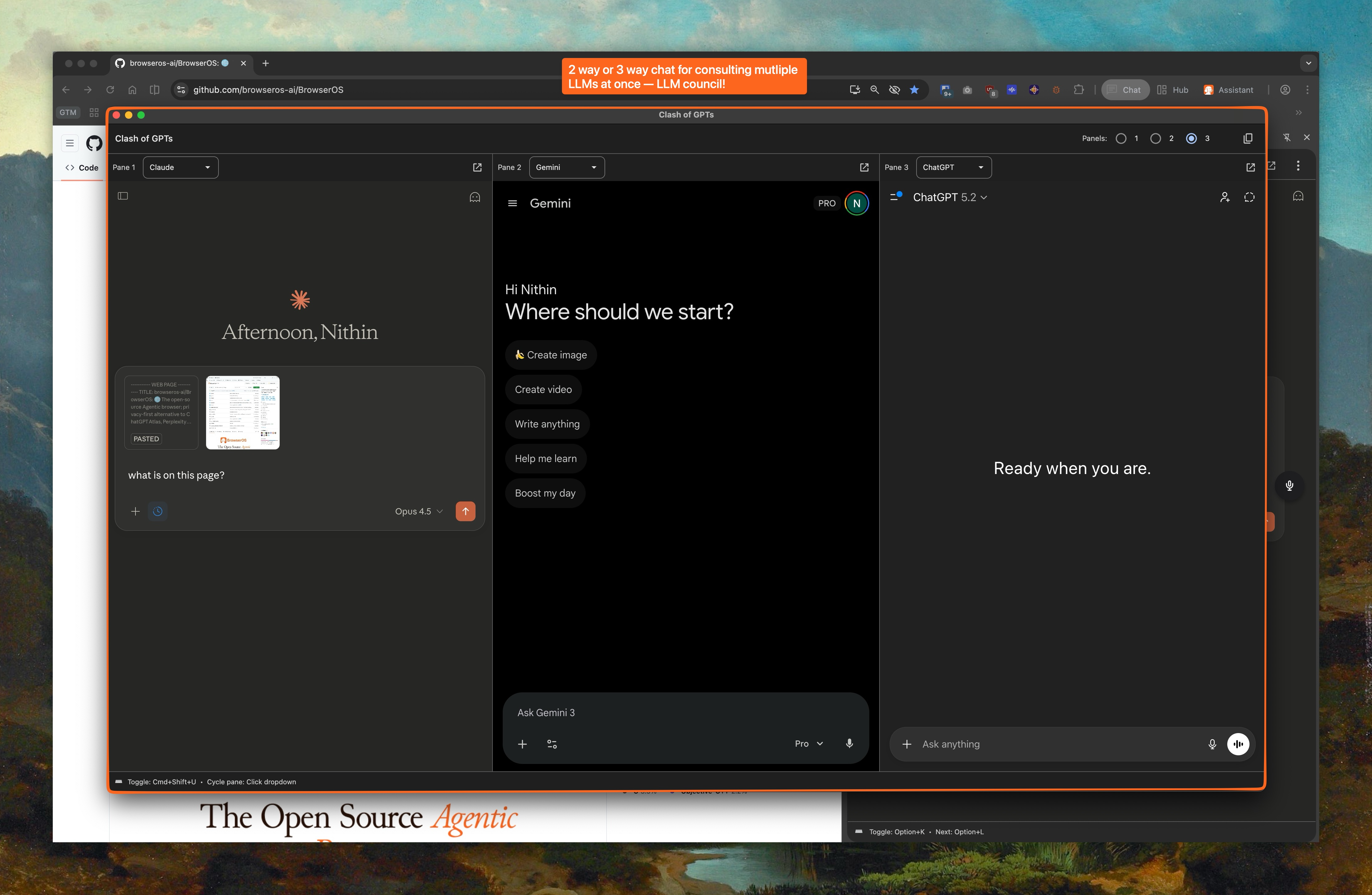 LLM Hub with three panes showing Claude, Gemini, and ChatGPT