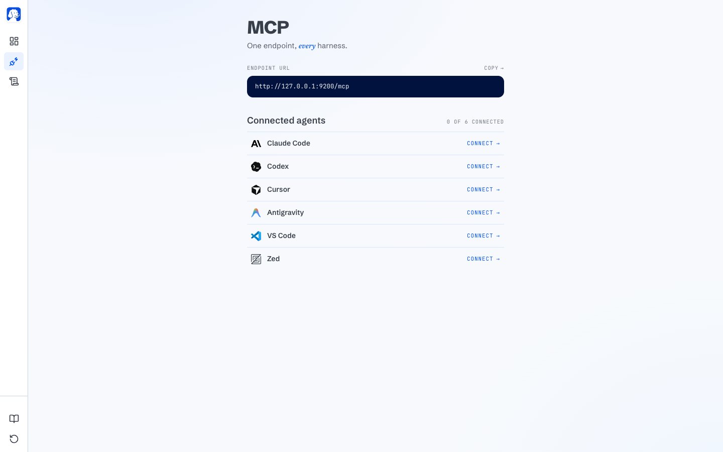 BrowserClaw connect page showing an endpoint URL at the top and the supported AI tools listed underneath, each with a Connect button on the right.
