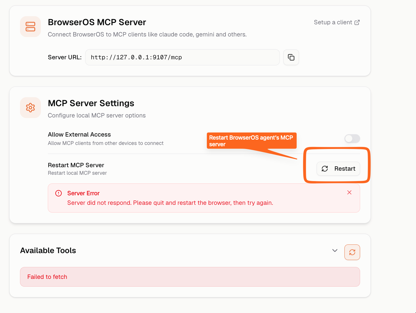 Click Restart in MCP Server Settings