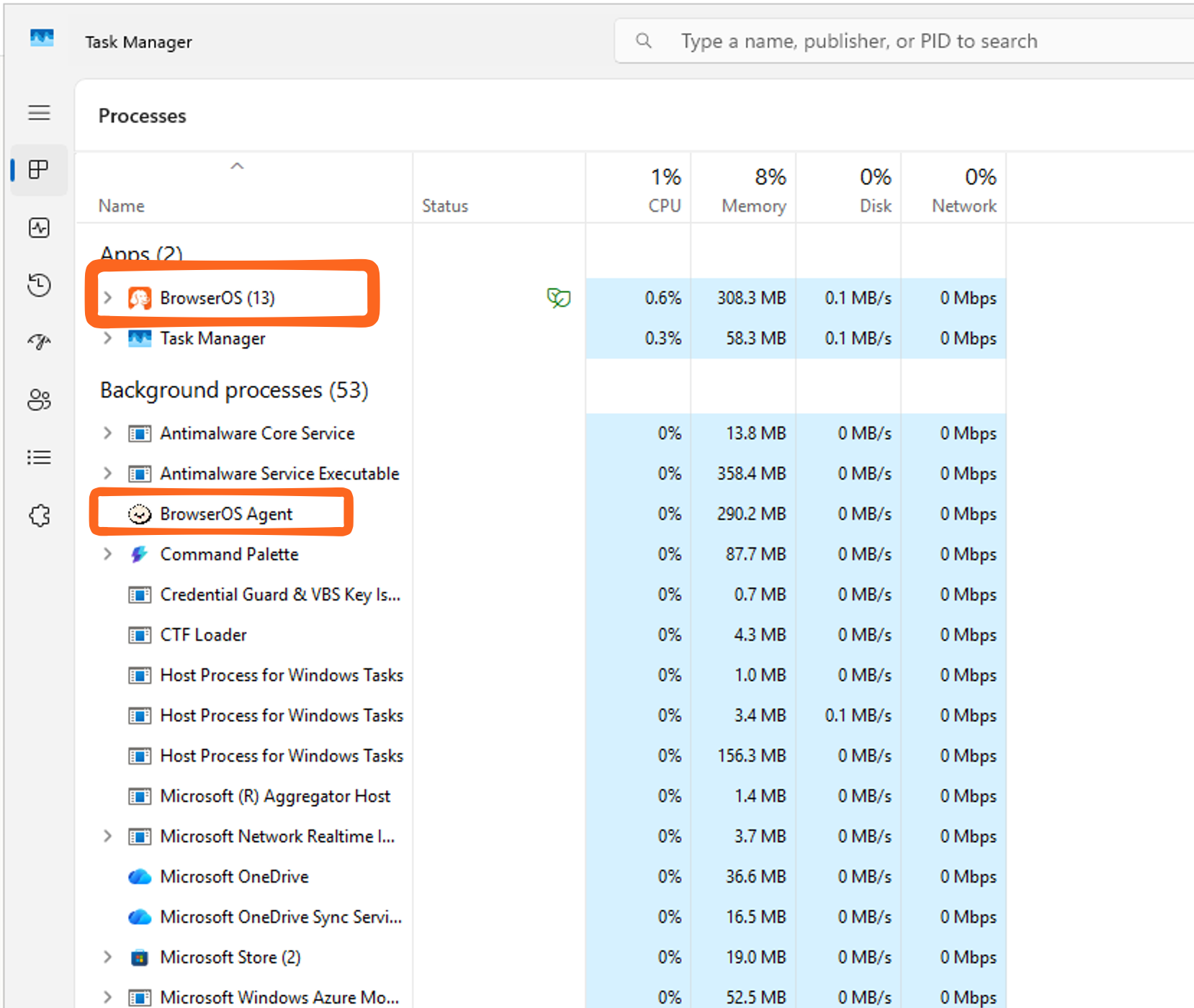 Task Manager showing BrowserOS processes