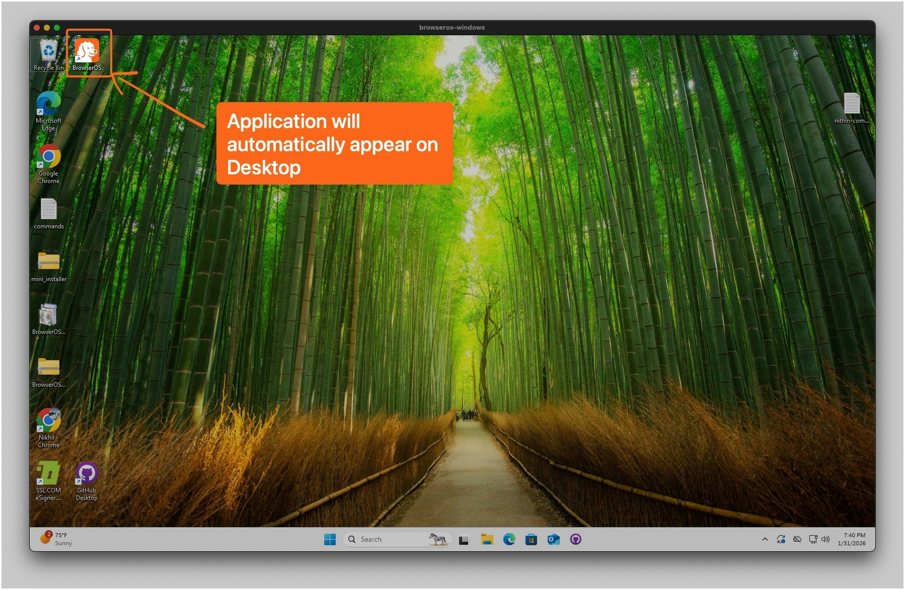 BrowserOS app appears on the desktop after installation