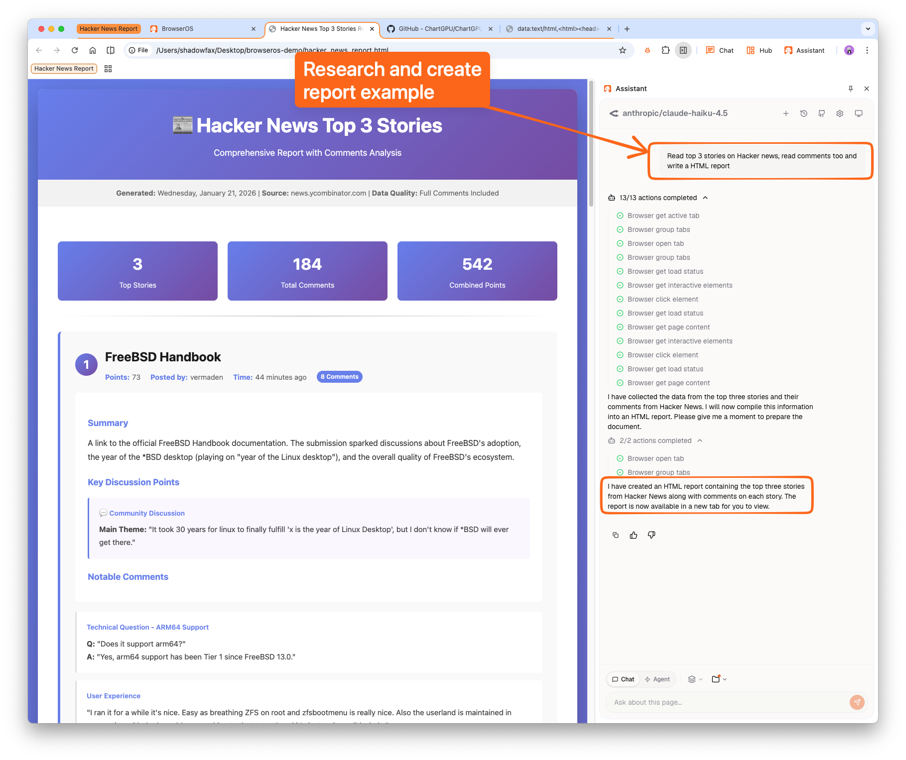Agent researching Hacker News and generating an HTML report