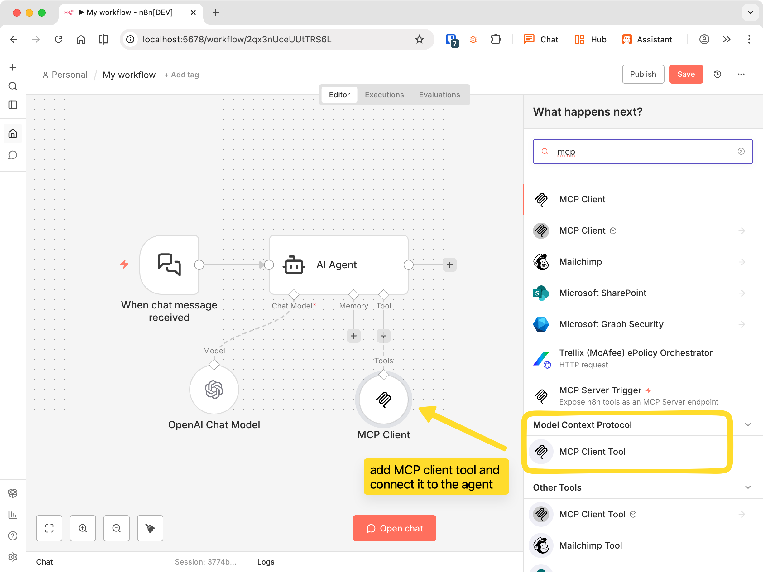 n8n workflow with AI Agent and MCP Client