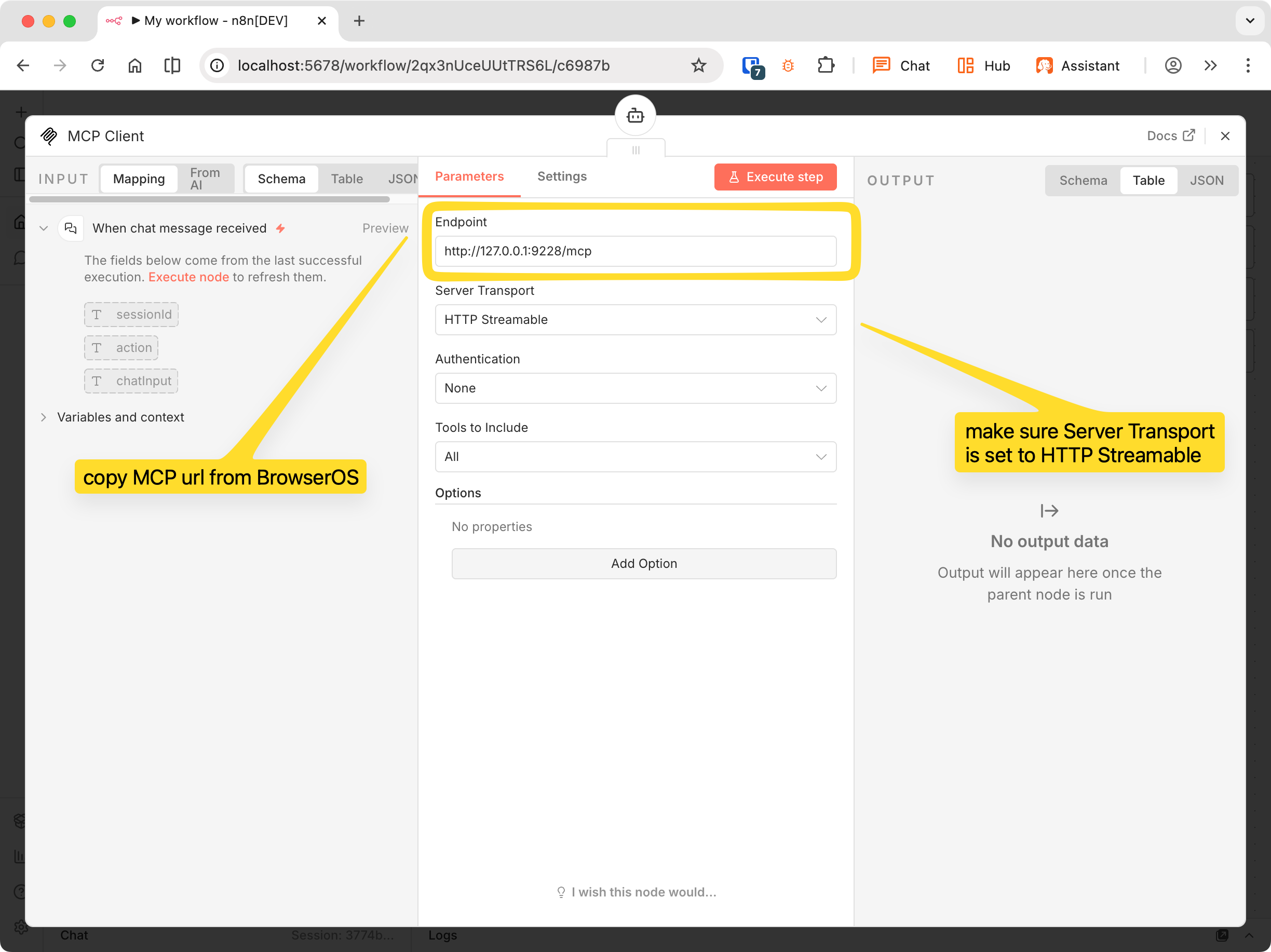 MCP Client configuration with BrowserOS URL