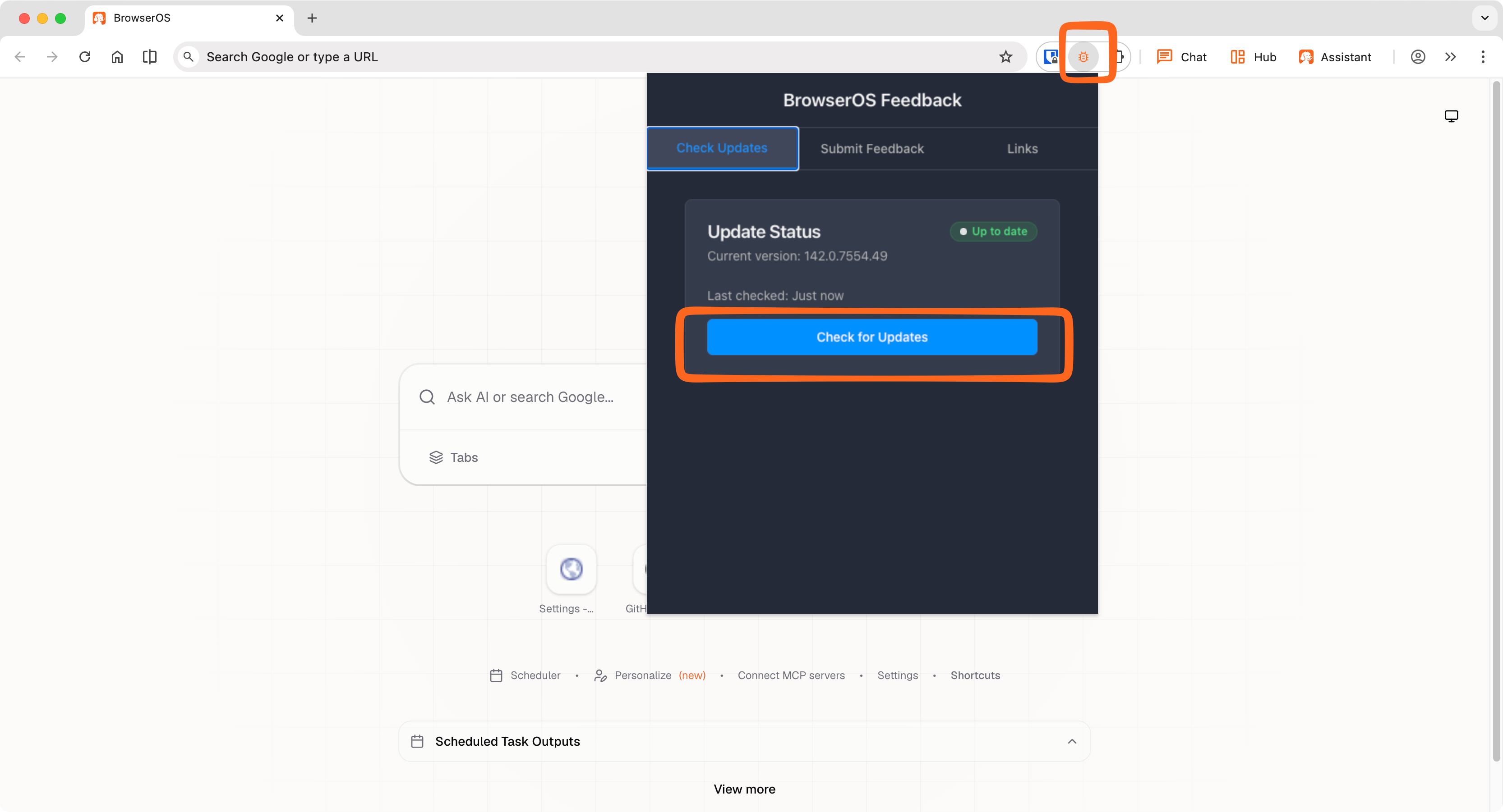 BrowserOS Feedback extension showing Check for Updates button
