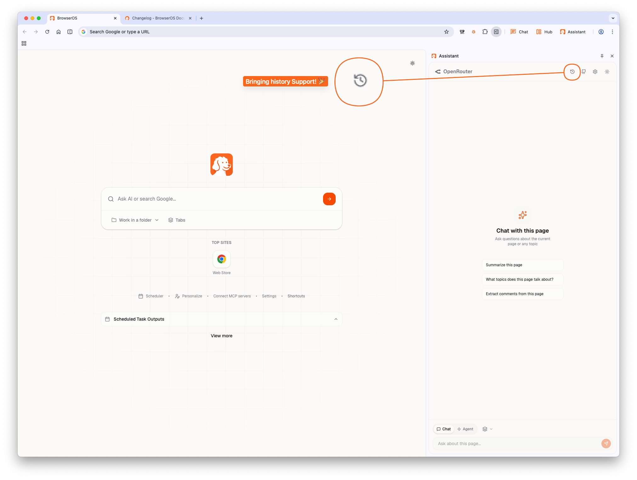 Agent history button in the Assistant panel