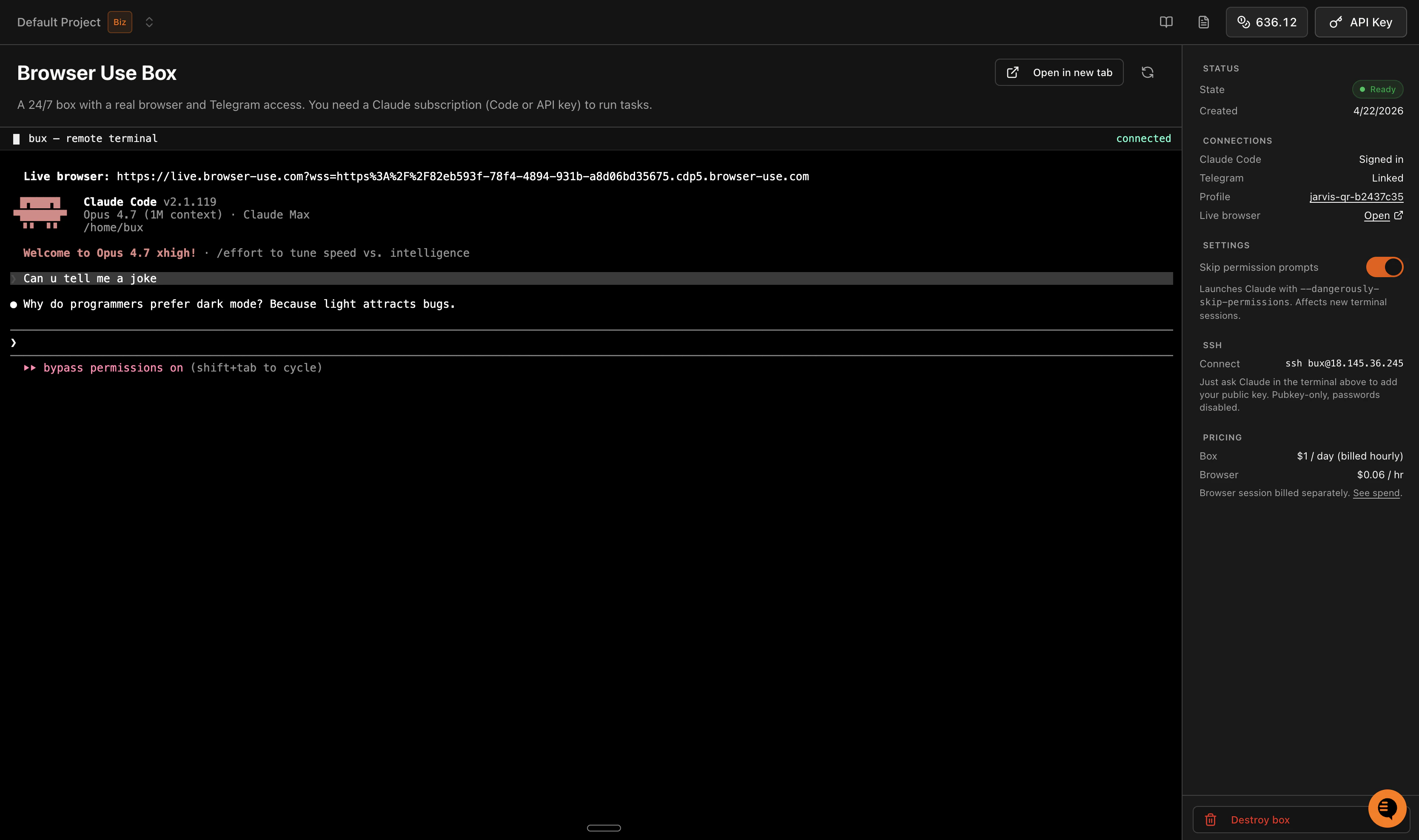 The cloud.browser-use.com/bux web terminal. Claude Code running inside the BUX VM, with session info and SSH access in the sidebar.